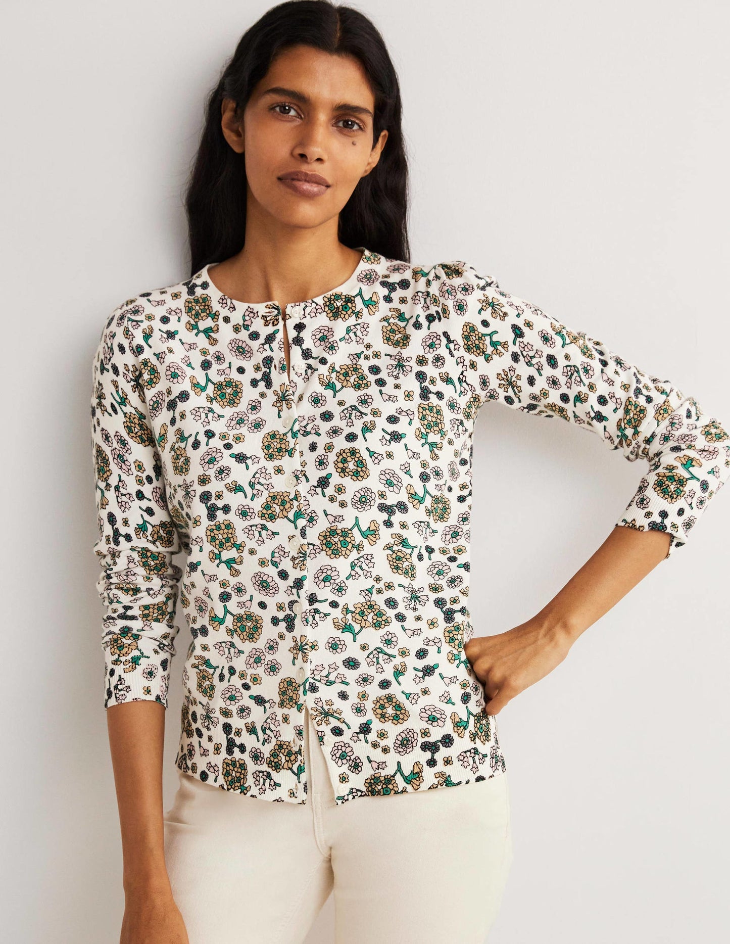 Cotton Crew Neck Cardigan-Ivory, Ditsy Charm