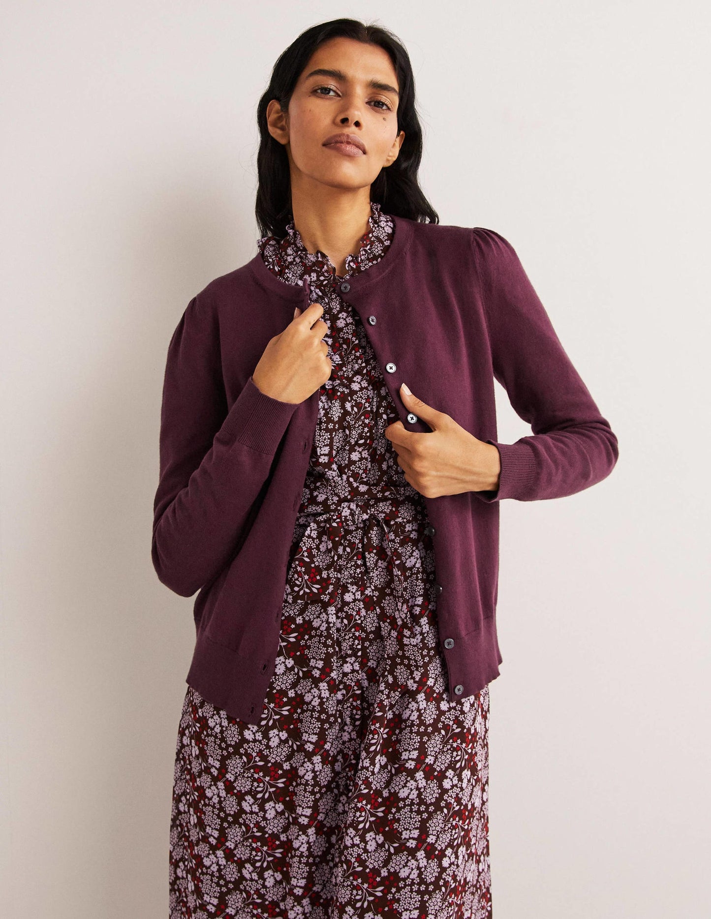 Cotton Crew Neck Cardigan-Berry