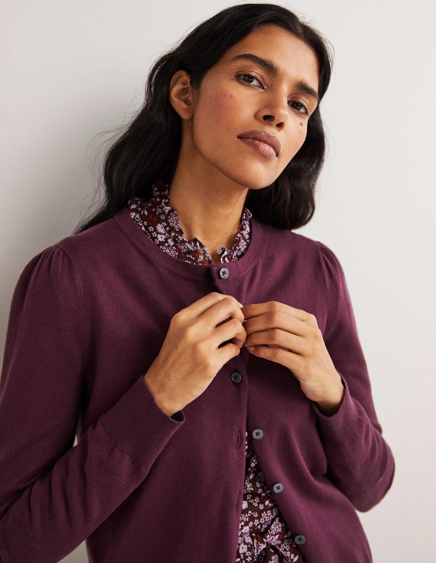 Cotton Crew Neck Cardigan-Berry