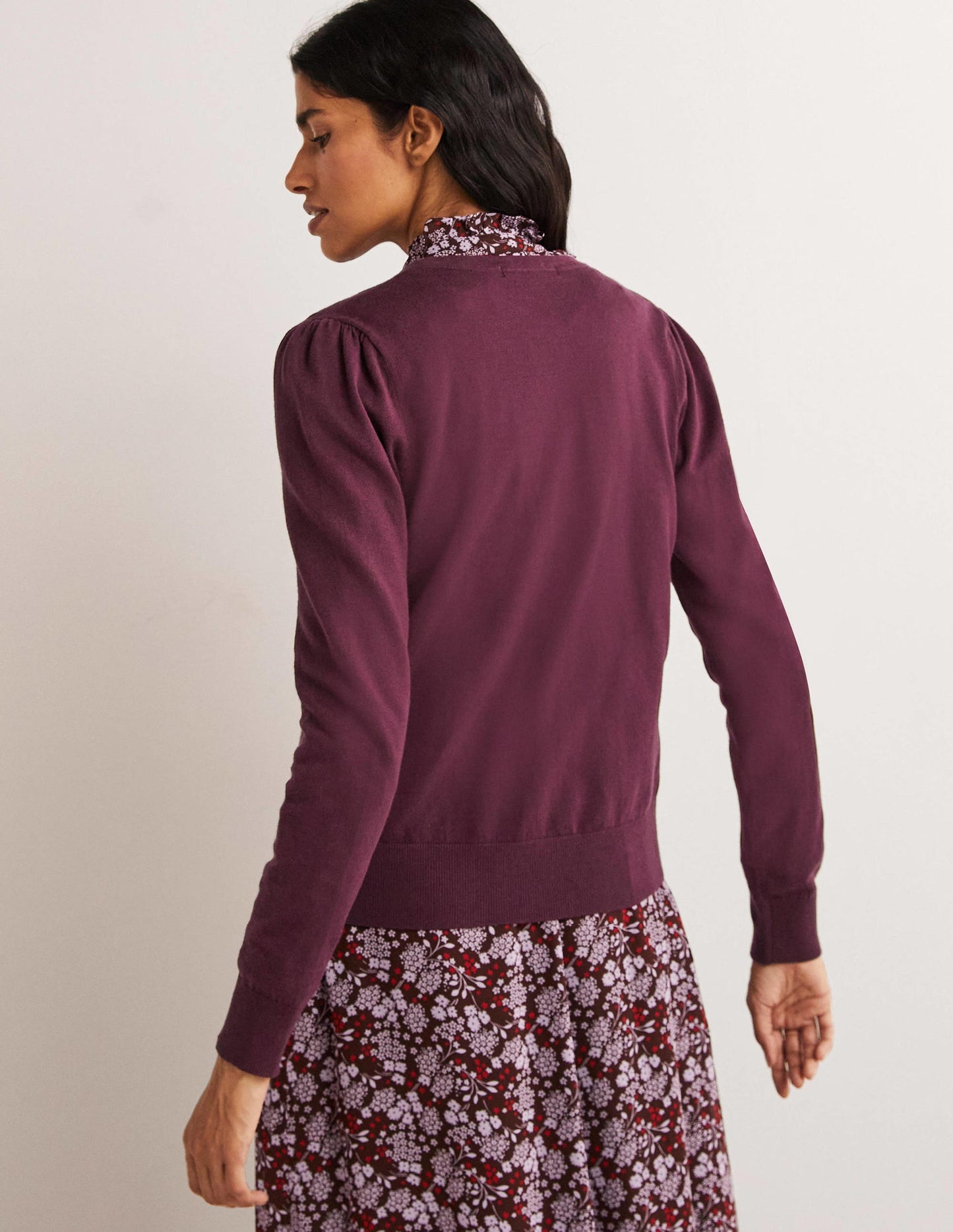 Cotton Crew Neck Cardigan-Berry