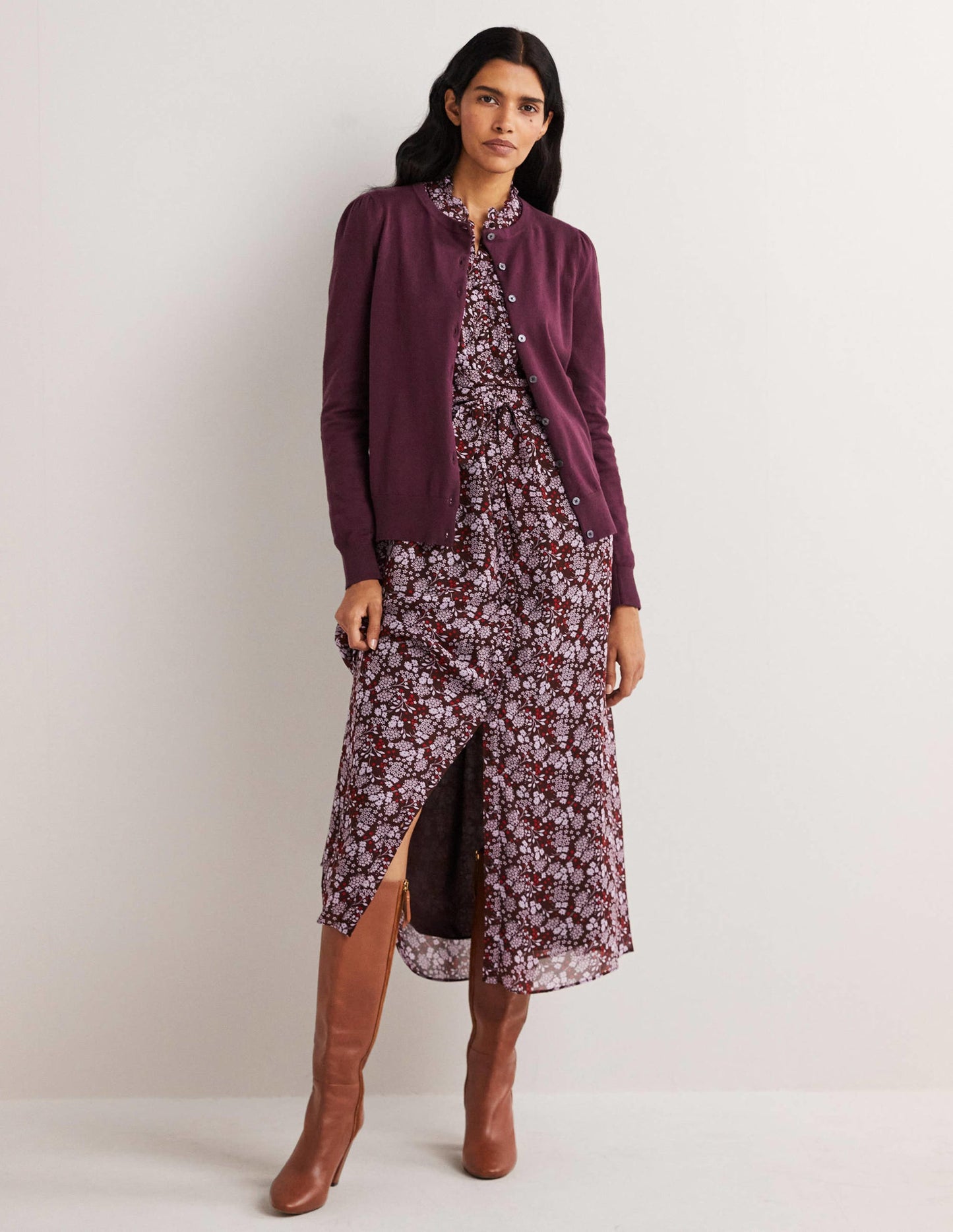 Cotton Crew Neck Cardigan-Berry