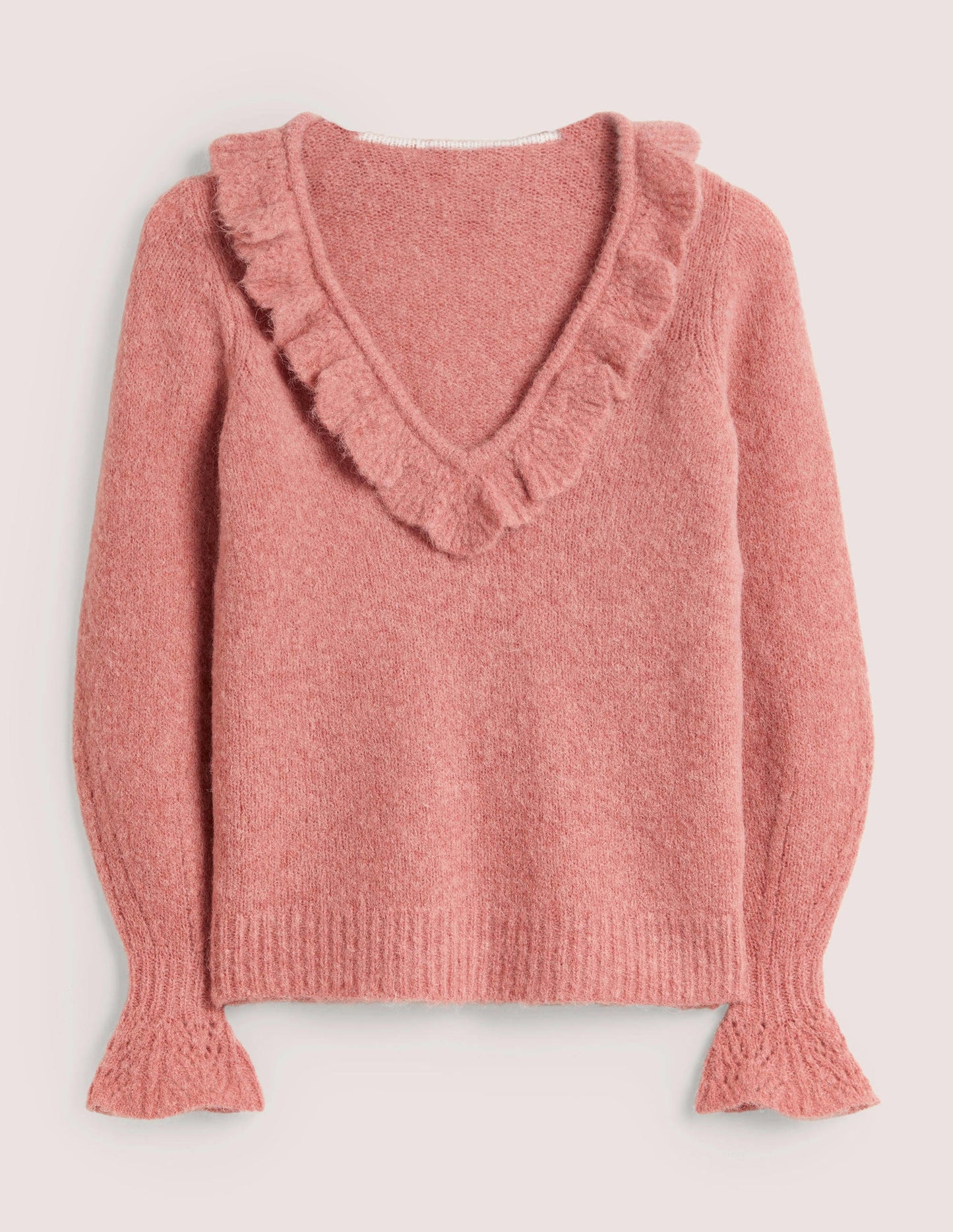 Flauschiger Pullover mit Rüschen-Staubrot Melange