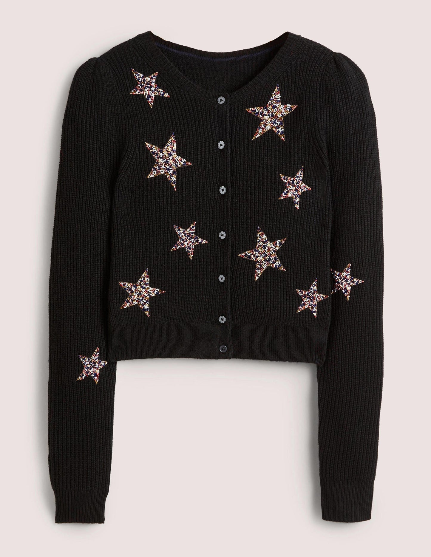 Black Star-Embellished Ribbed Cardigan-Schwarz, Verzierte Sterne