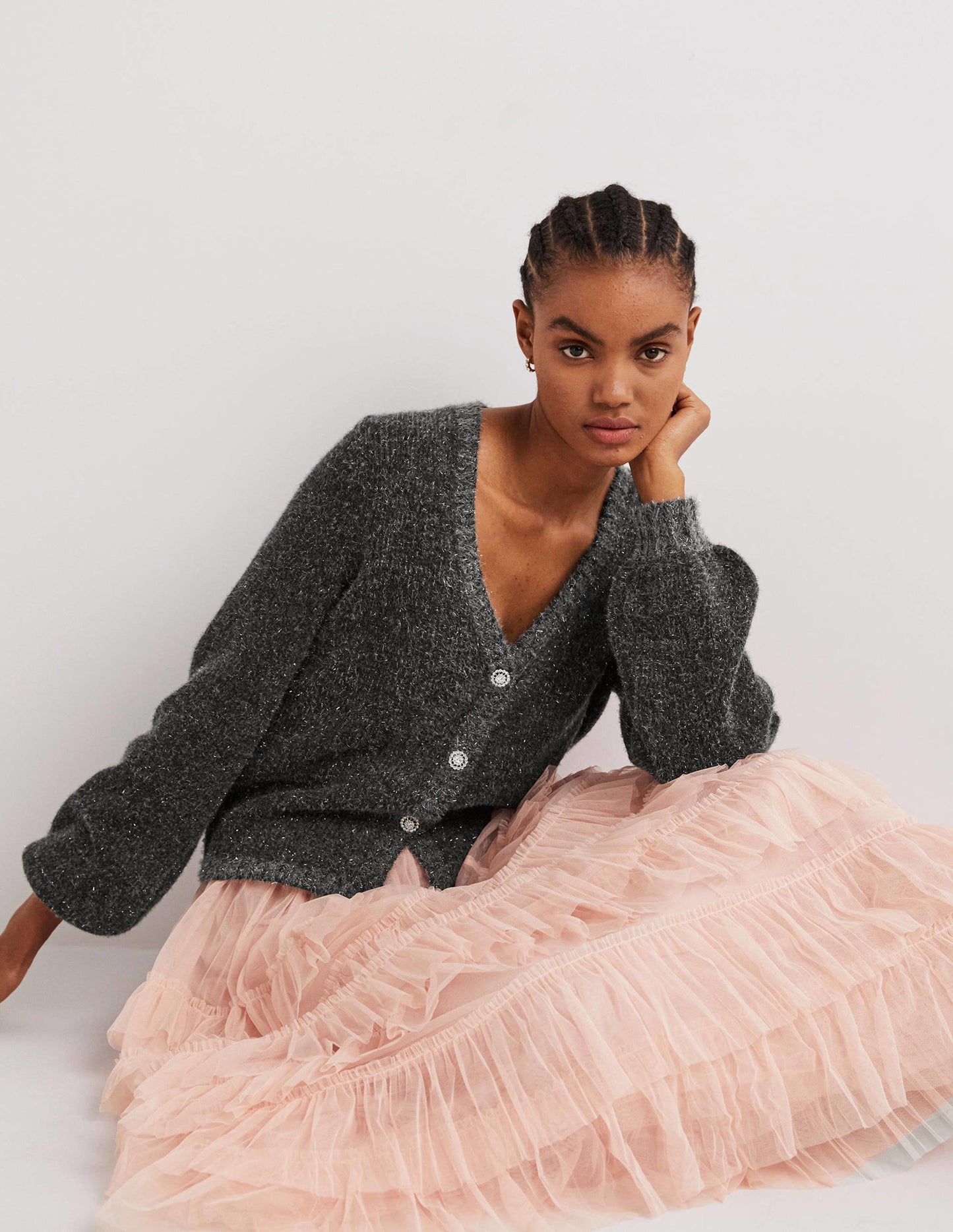Flauschiger Metallic-Cardigan-Anthrazit Melange, Silber