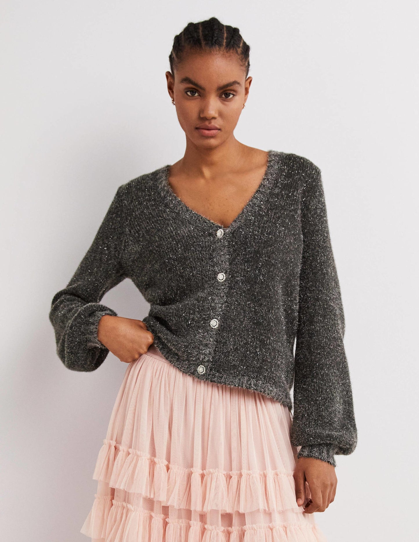 Flauschiger Metallic-Cardigan-Anthrazit Melange, Silber