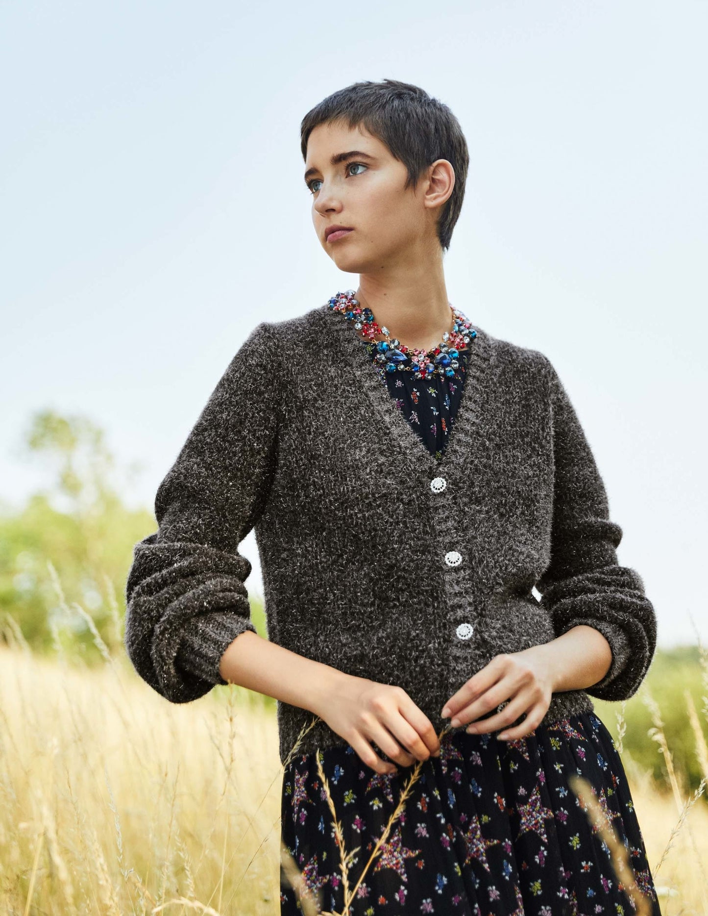 Flauschiger Metallic-Cardigan-Anthrazit Melange, Silber