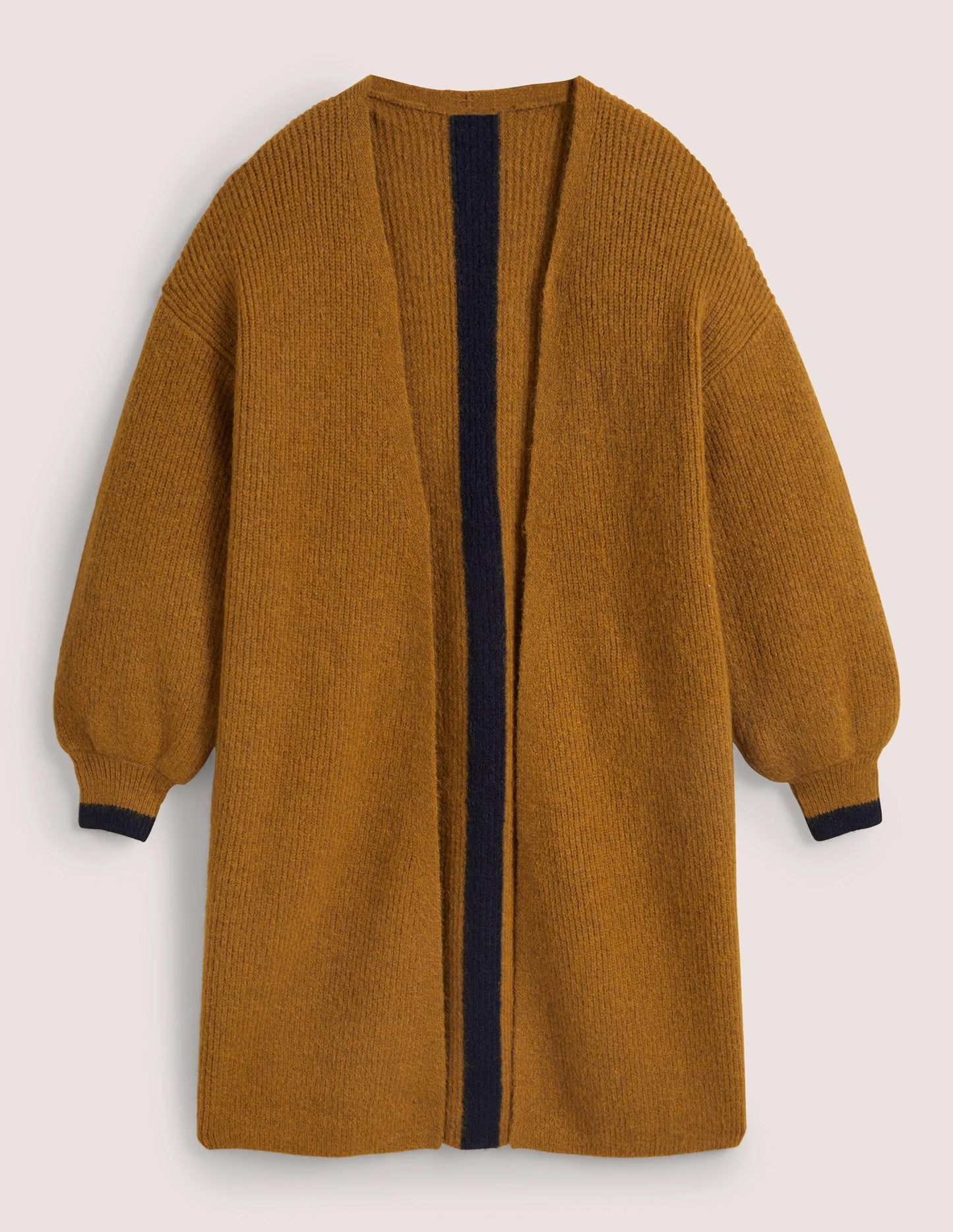 Flauschiger langer Cardigan-Karamellbonbonbraun, Navy