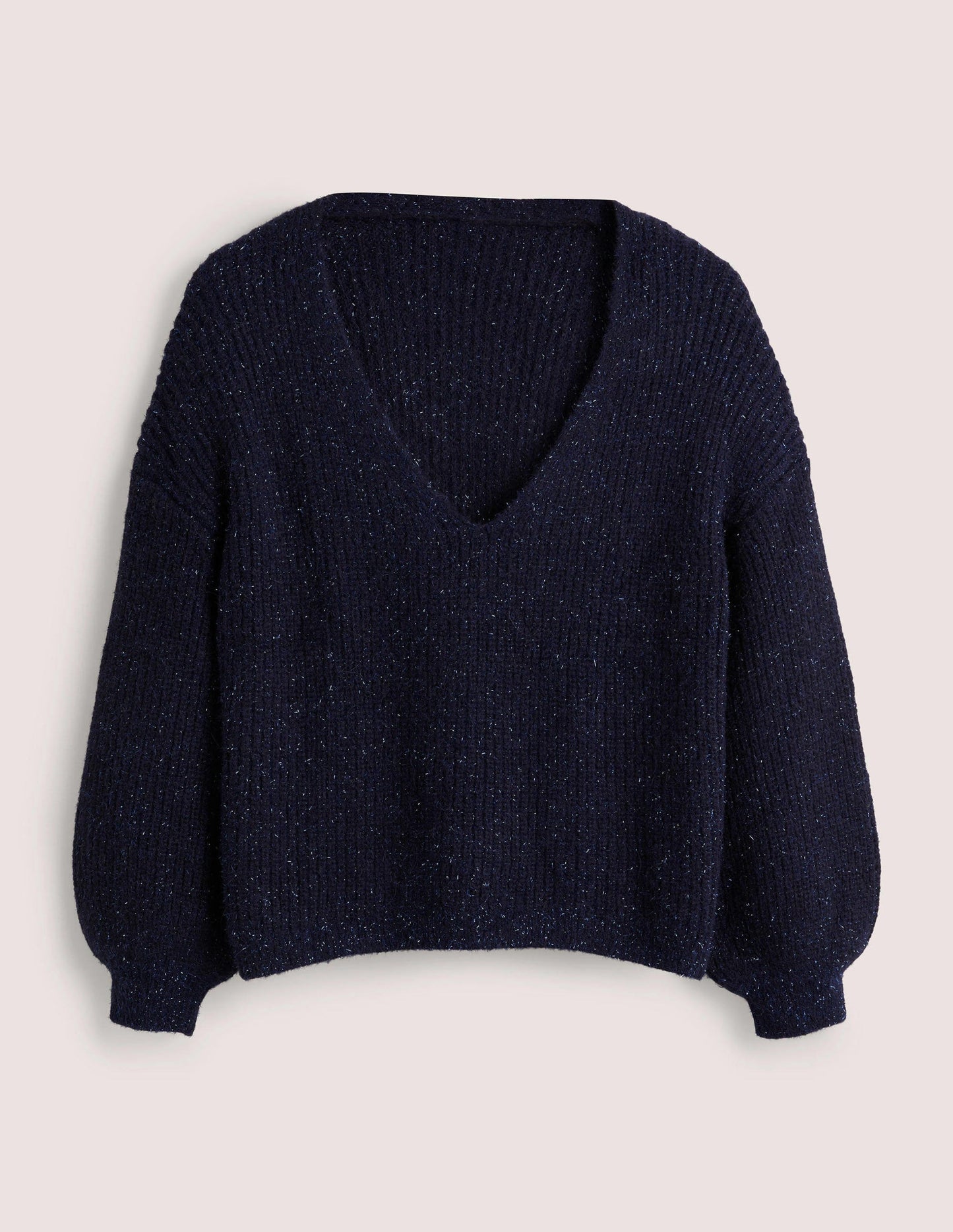 Navy Sparkle Ribbed Fluffy V-Neck Jumper-Étincelle bleu marine