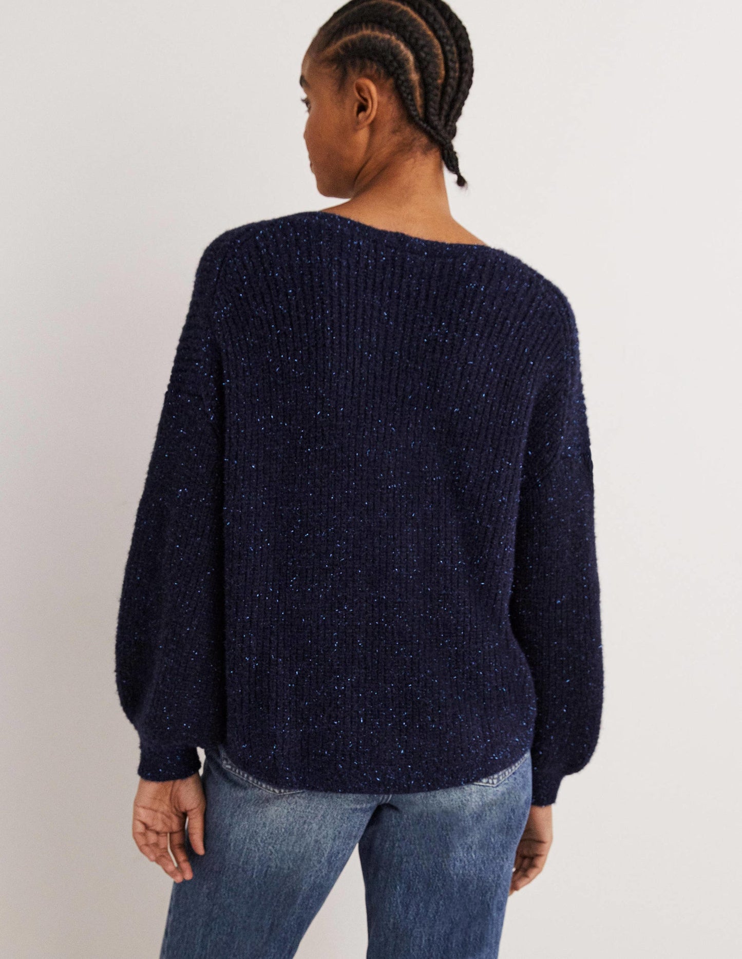 Navy Sparkle Ribbed Fluffy V-Neck Jumper-Étincelle bleu marine
