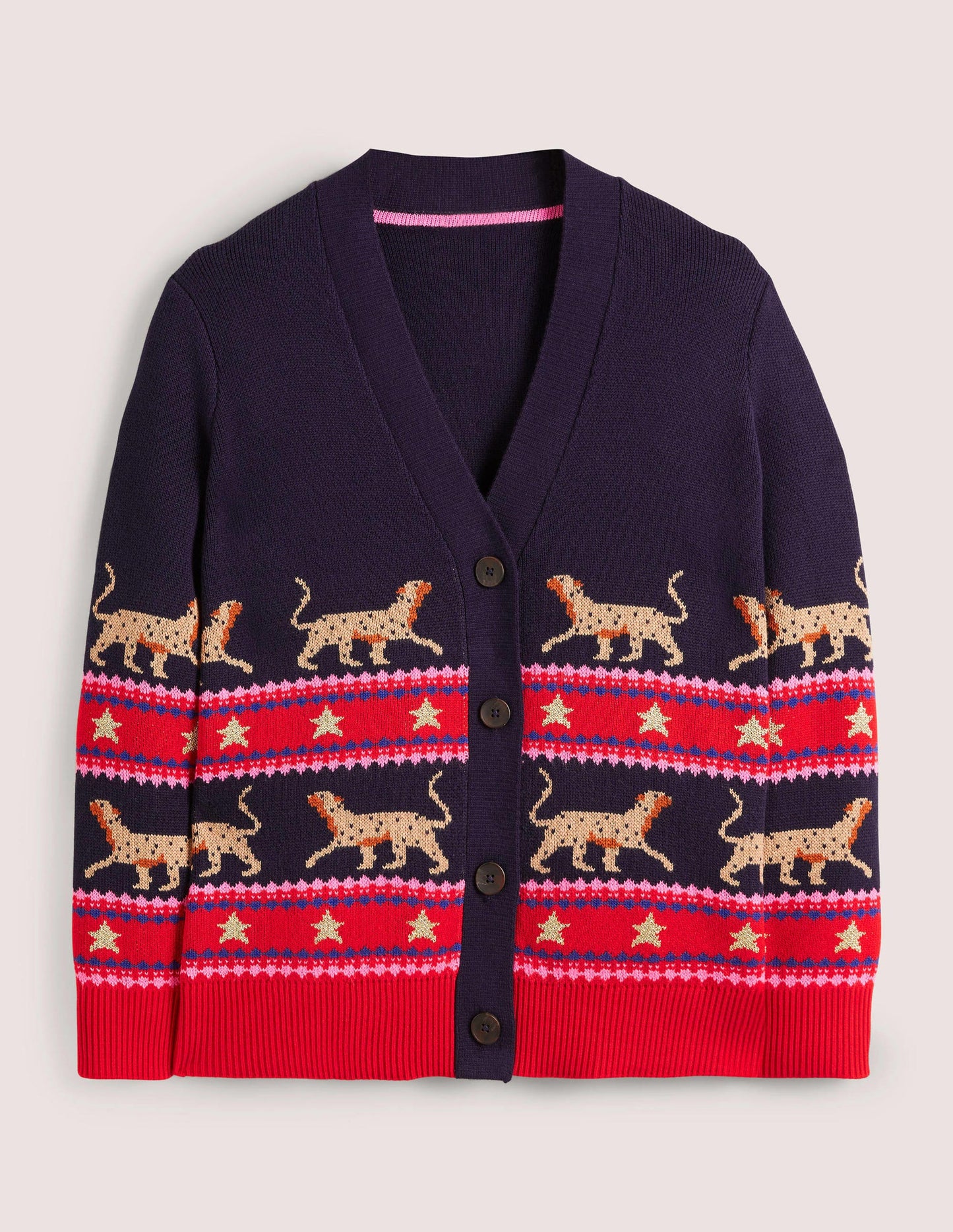 Oversize-Cardigan mit V-Ausschnitt-Navy, Jacquard-Leopardenmuster