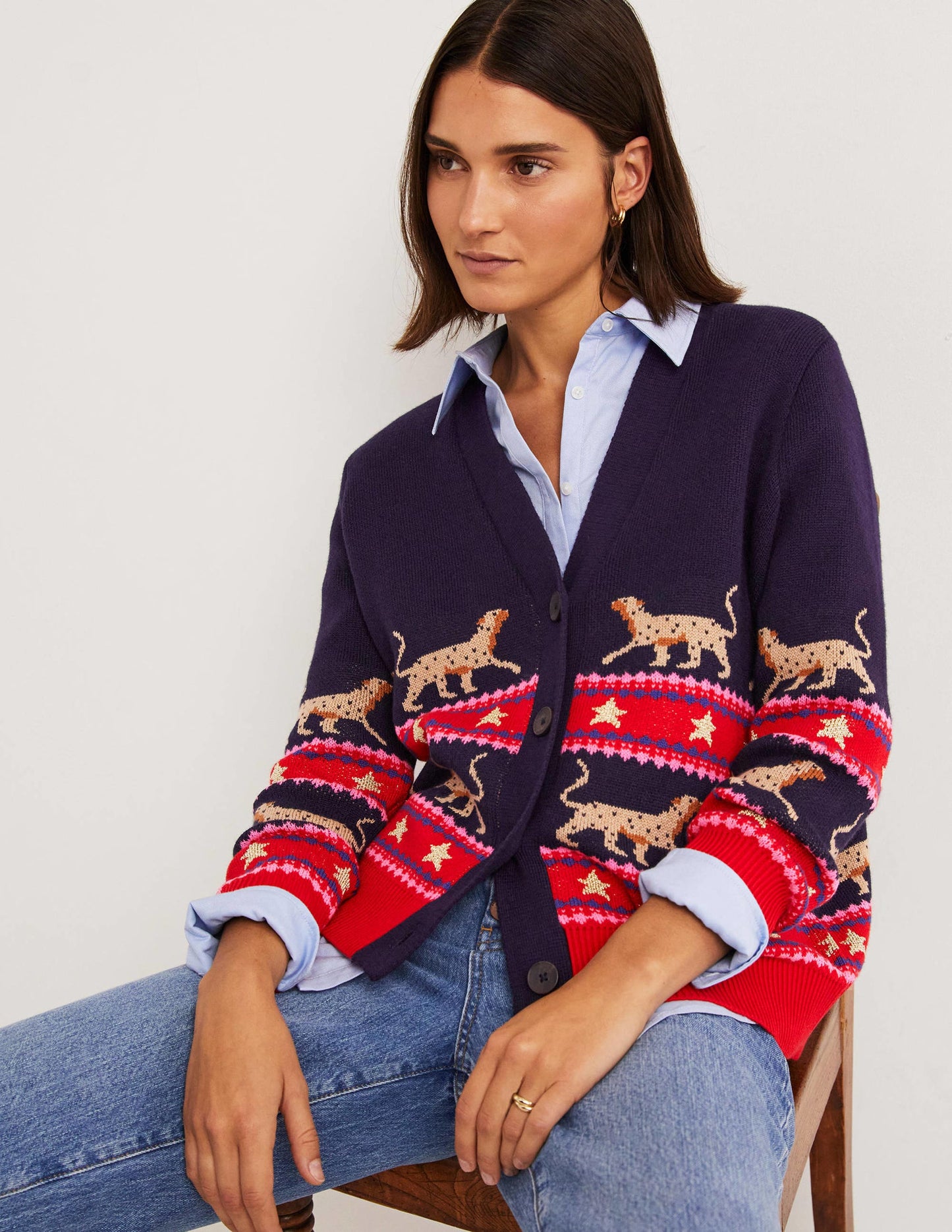 Oversize-Cardigan mit V-Ausschnitt-Navy, Jacquard-Leopardenmuster