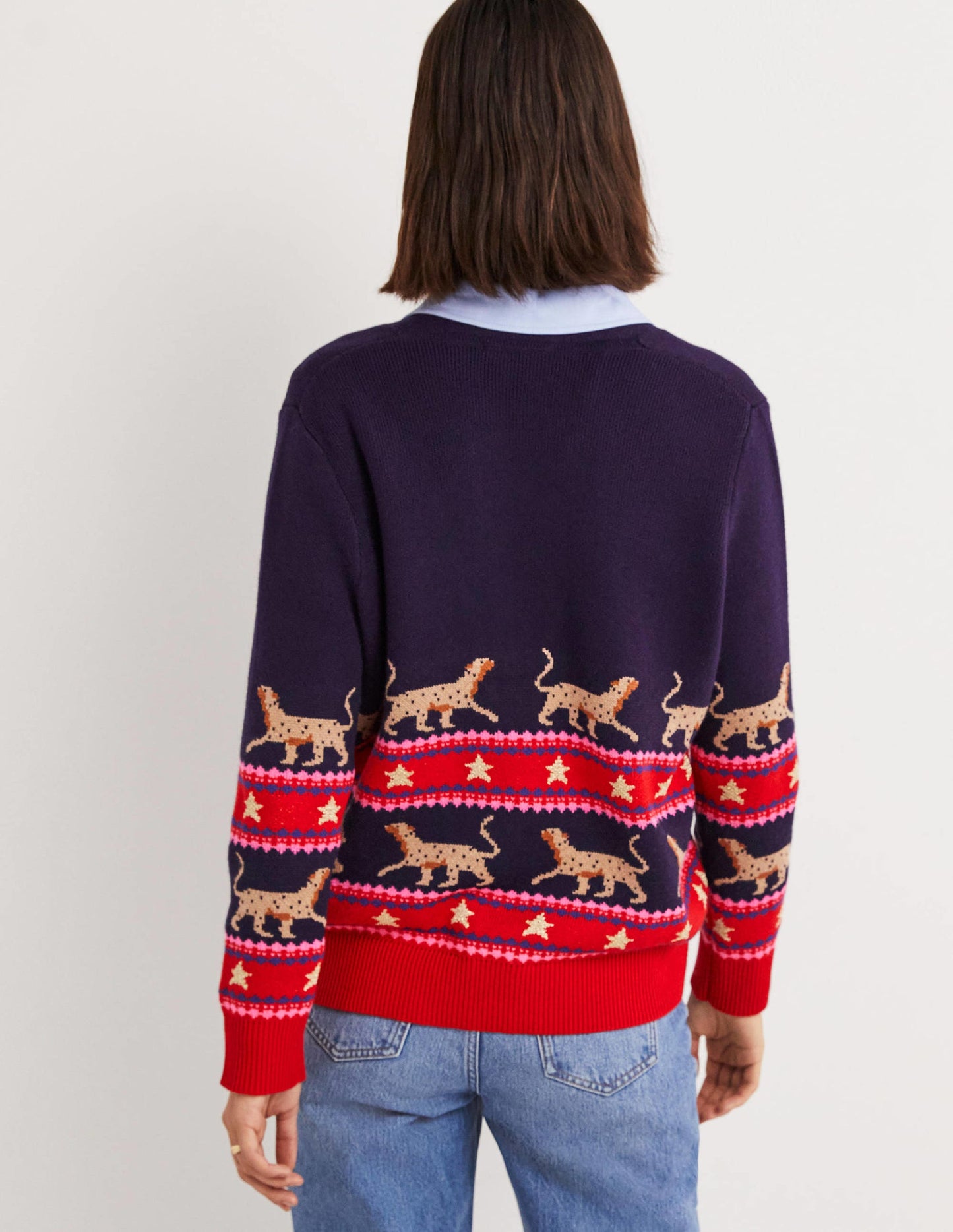 Oversize-Cardigan mit V-Ausschnitt-Navy, Jacquard-Leopardenmuster