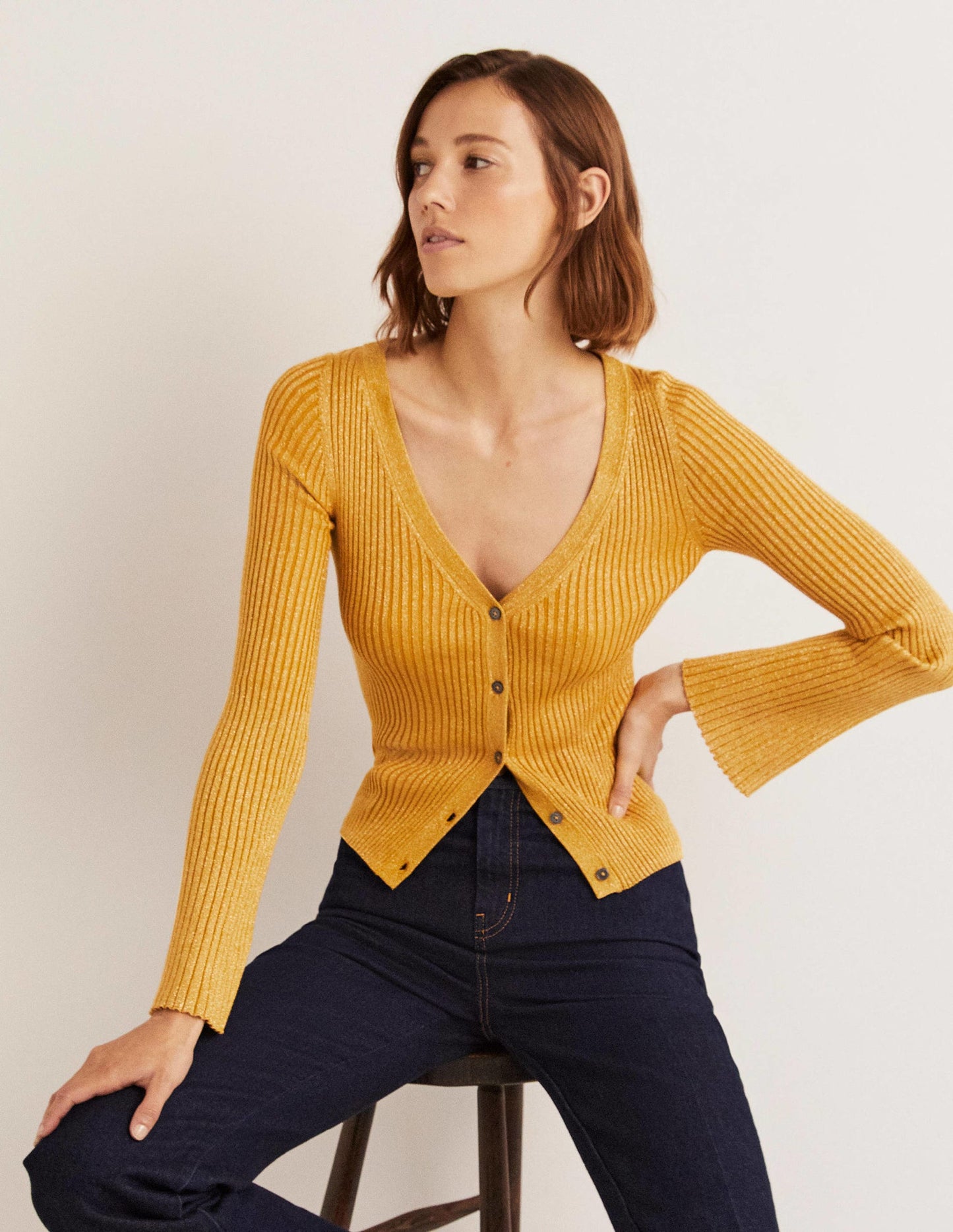 Gold Ribbed Metallic Cardigan-Gold