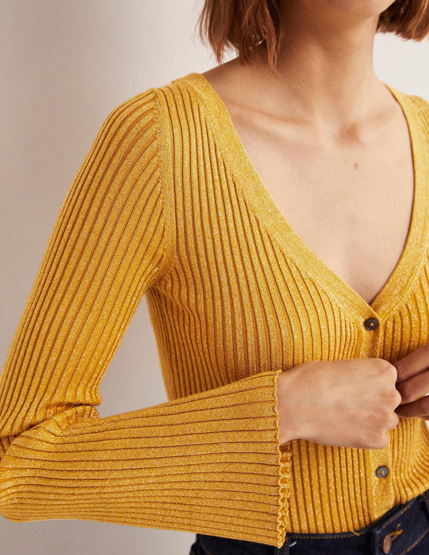 Gold Ribbed Metallic Cardigan-Gold