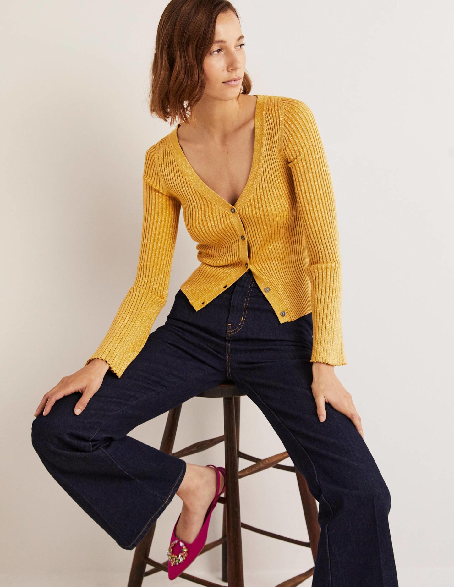 Gold Ribbed Metallic Cardigan-Gold