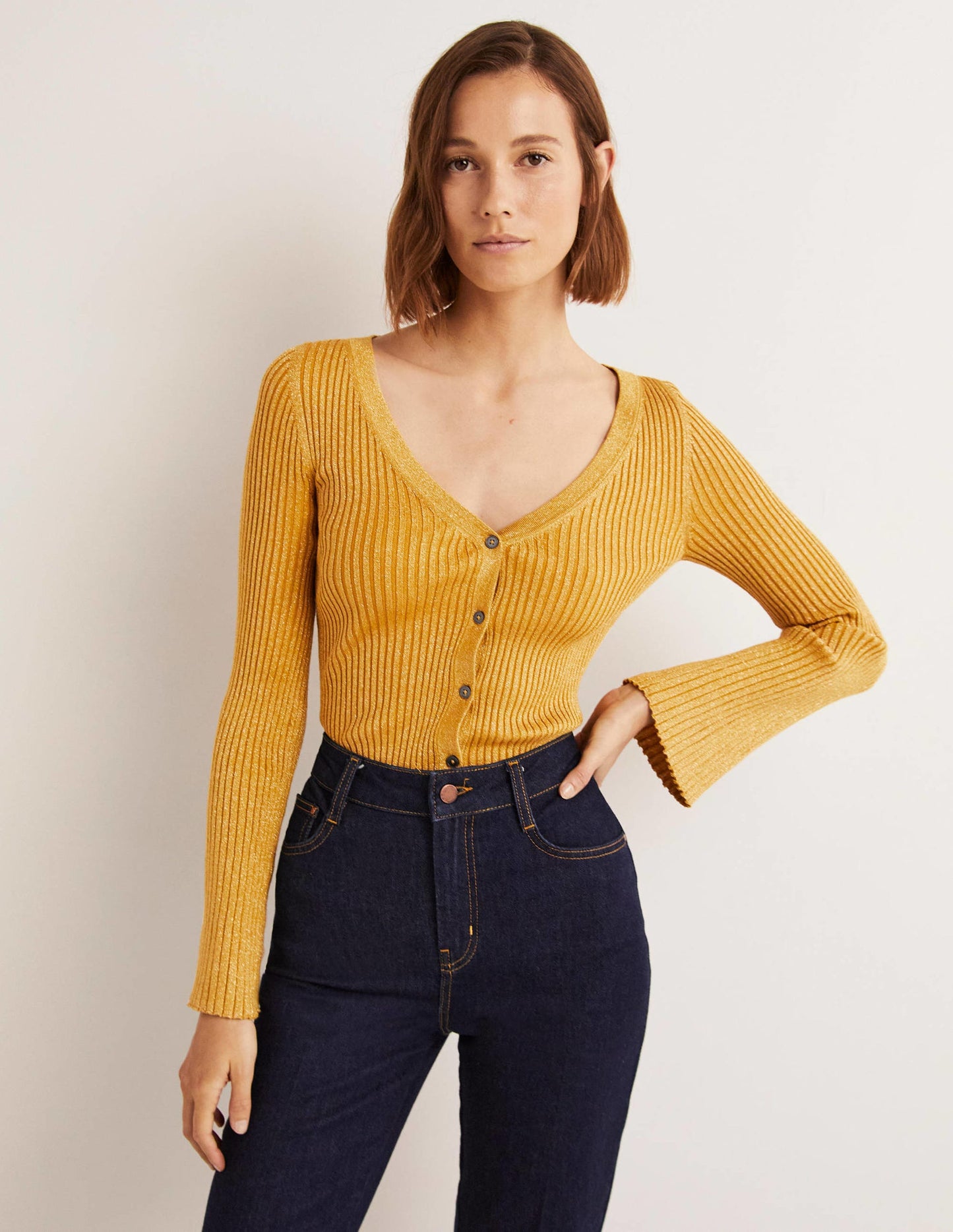 Gold Ribbed Metallic Cardigan-Gold