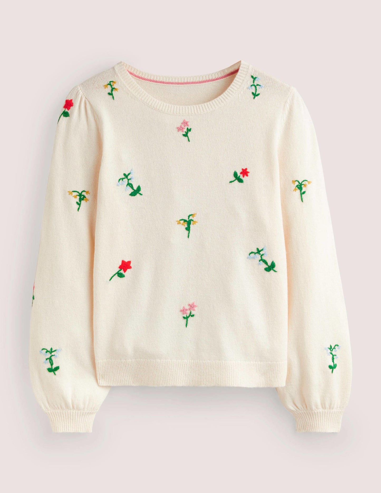 Bestickter Strickpullover-Warmes Naturweiß, Blumenstickerei