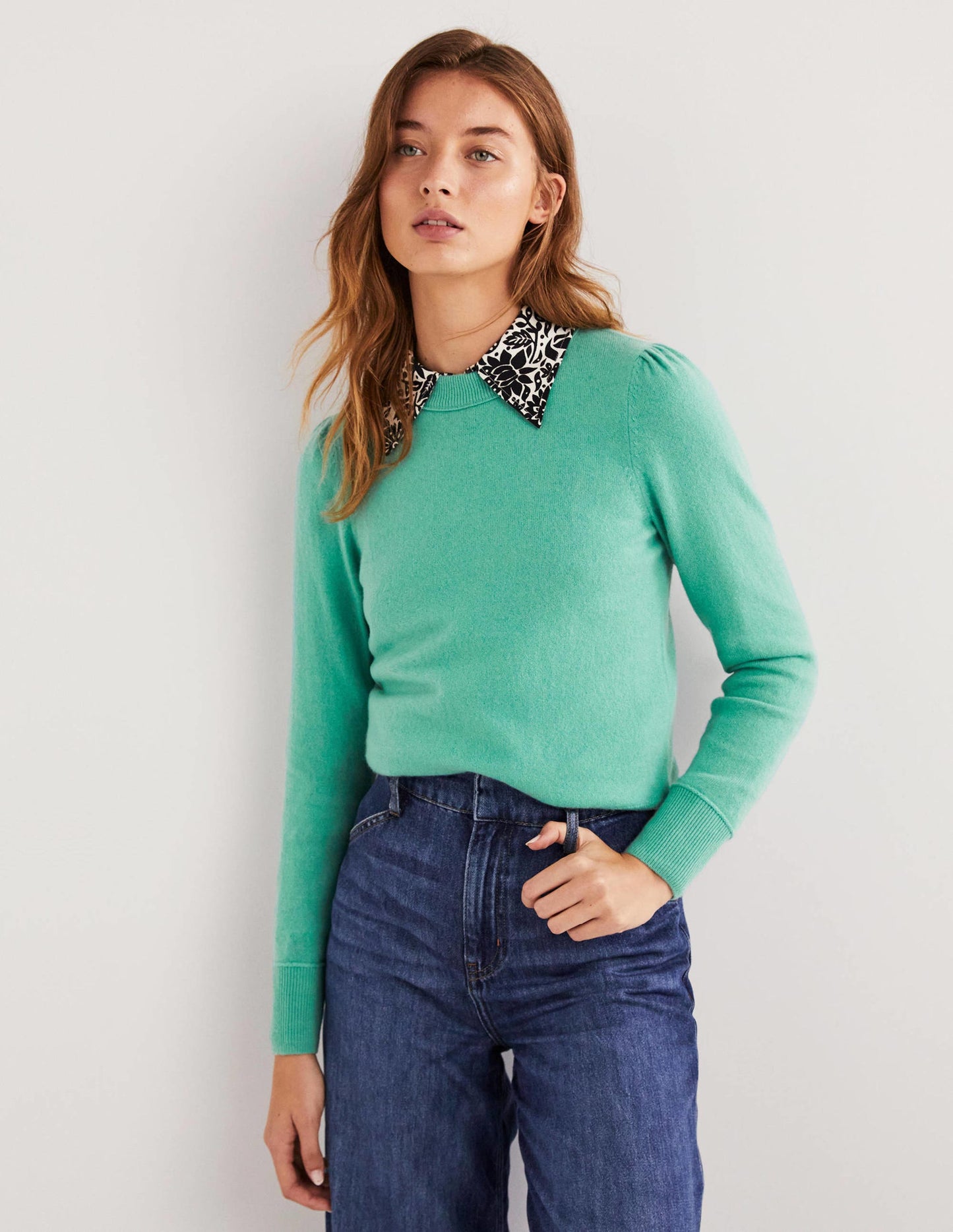 Kaschmirpullover mit Puffärmeln-Indischer Ozean Melange