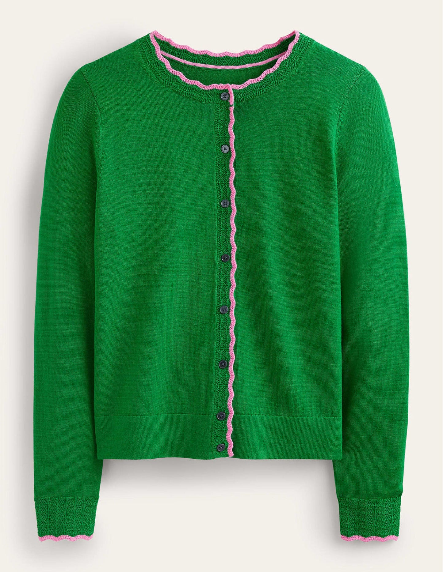 Merino-Strickjacke mit Muschelsaum-Wiesengrün