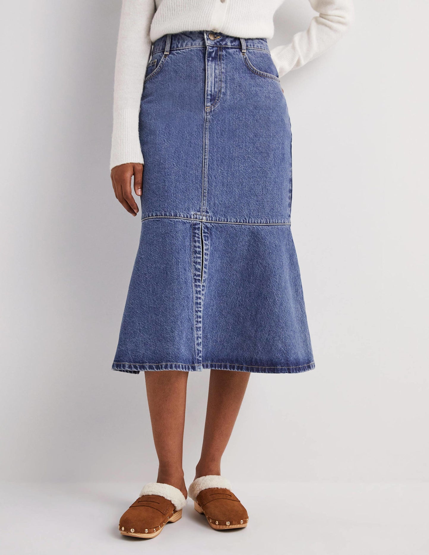 Ausgestellter Midirock aus Denim-Helles Vintageblau