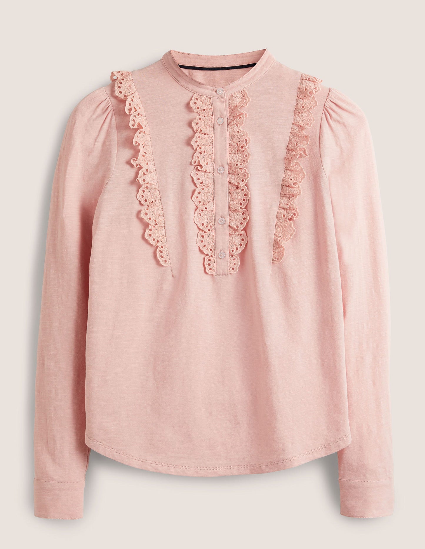 Jerseyoberteil mit Lochstickerei-Rüschen-Milchshake, Rosa