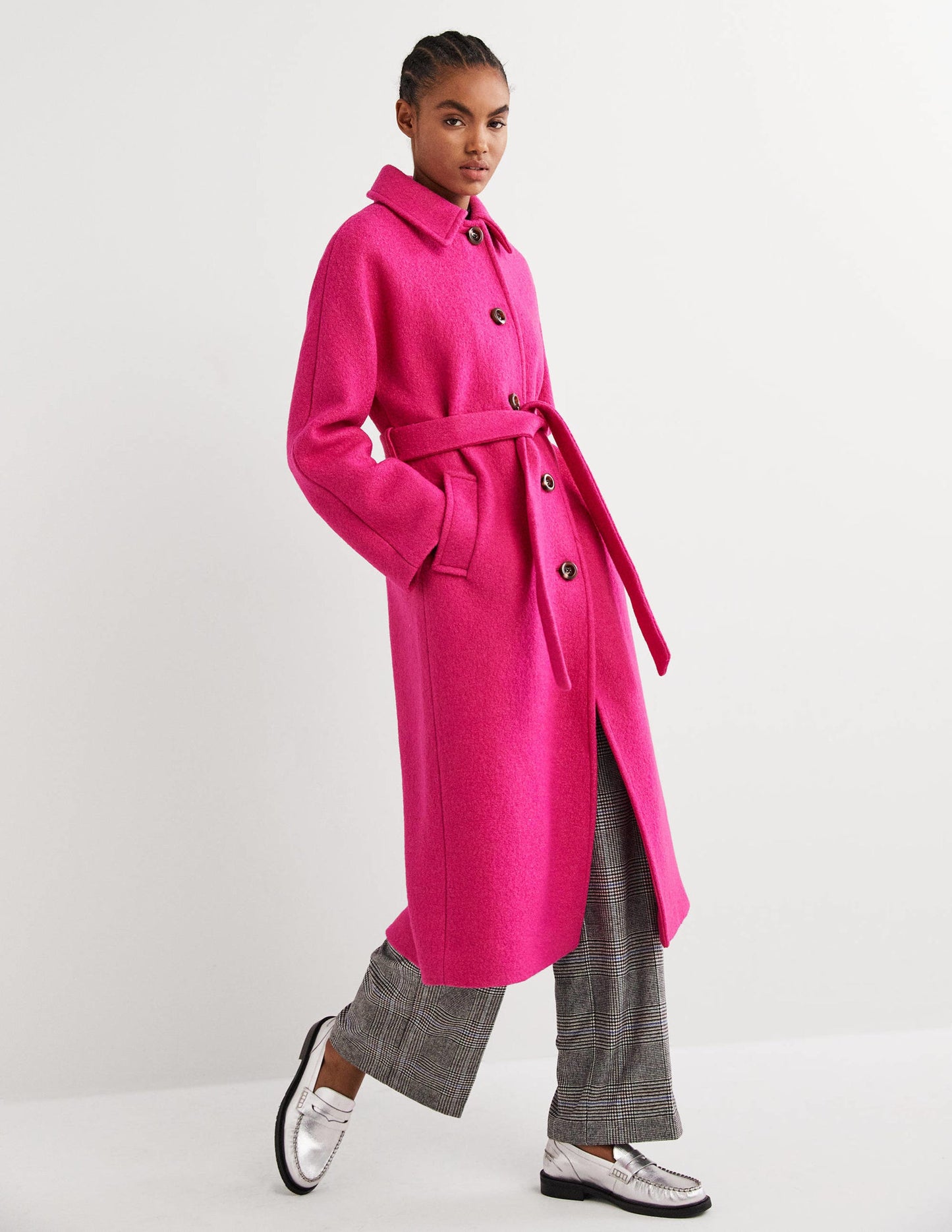 Strukturierter Maxi-Wollmantel mit Gürtel-Rosa