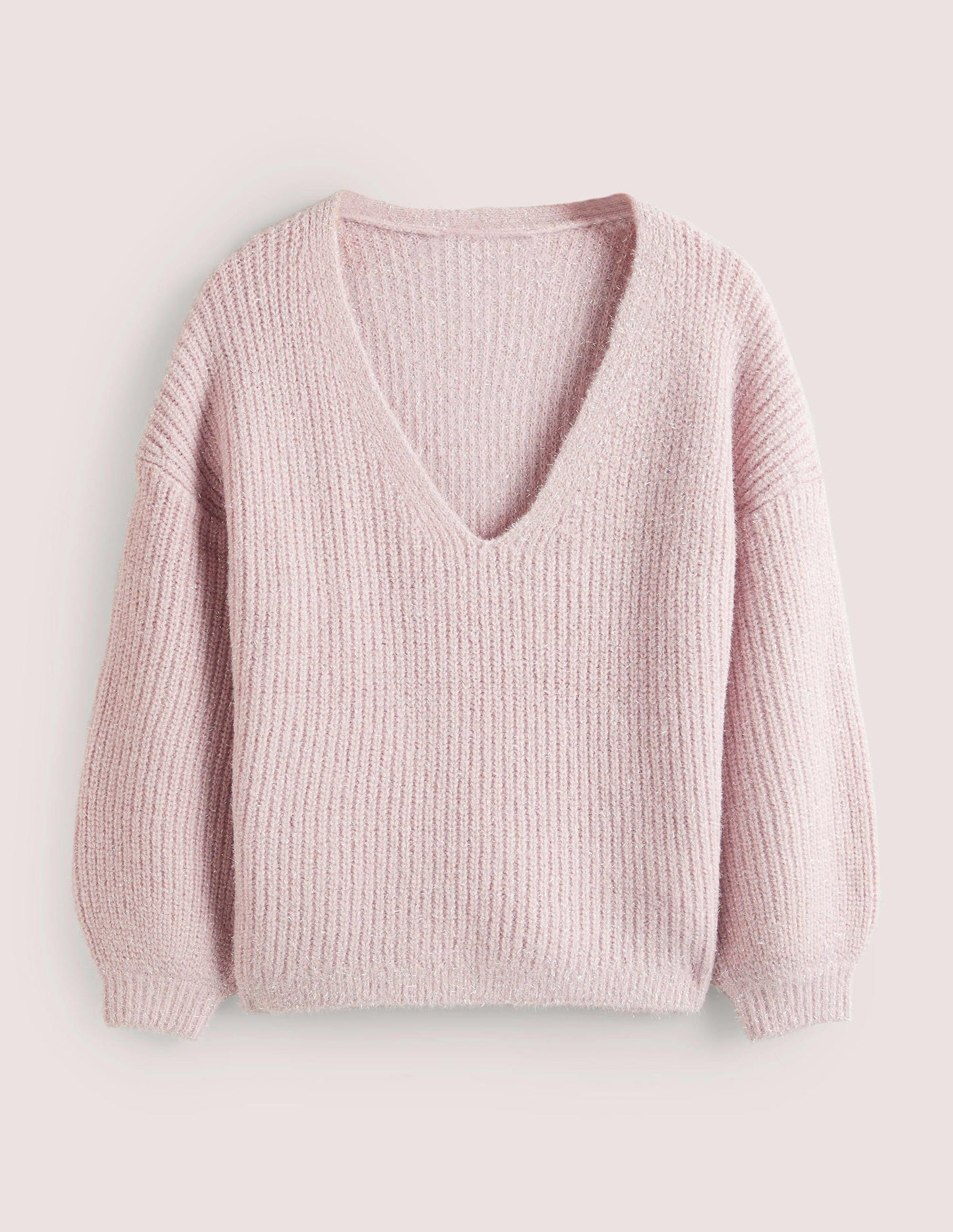 Flauschiger Grobstrick-Pullover mit V-Ausschnitt-Cameo-Rosa, Glitzer