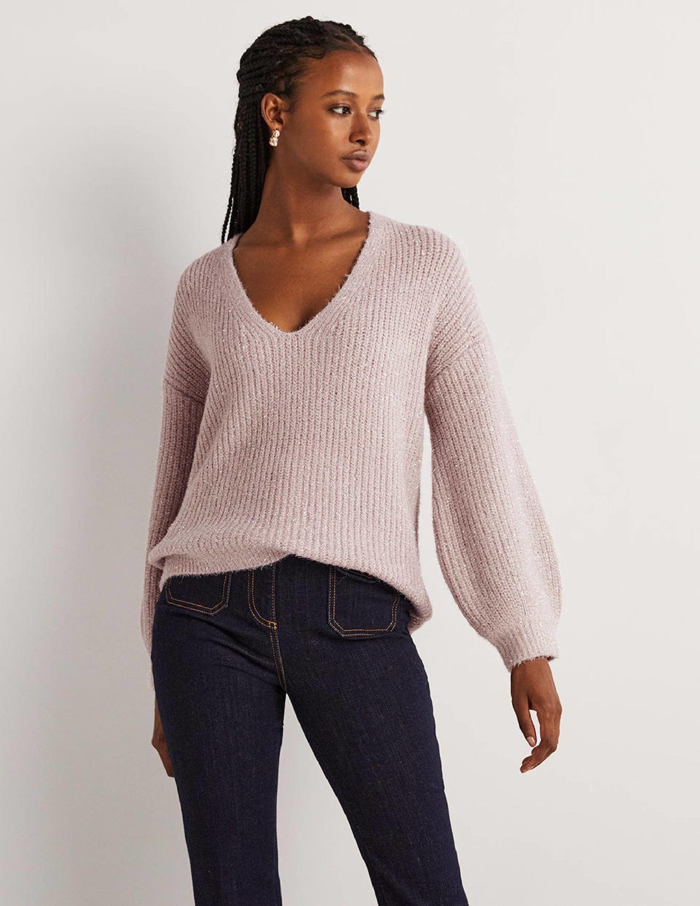 Flauschiger Grobstrick-Pullover mit V-Ausschnitt-Cameo-Rosa, Glitzer