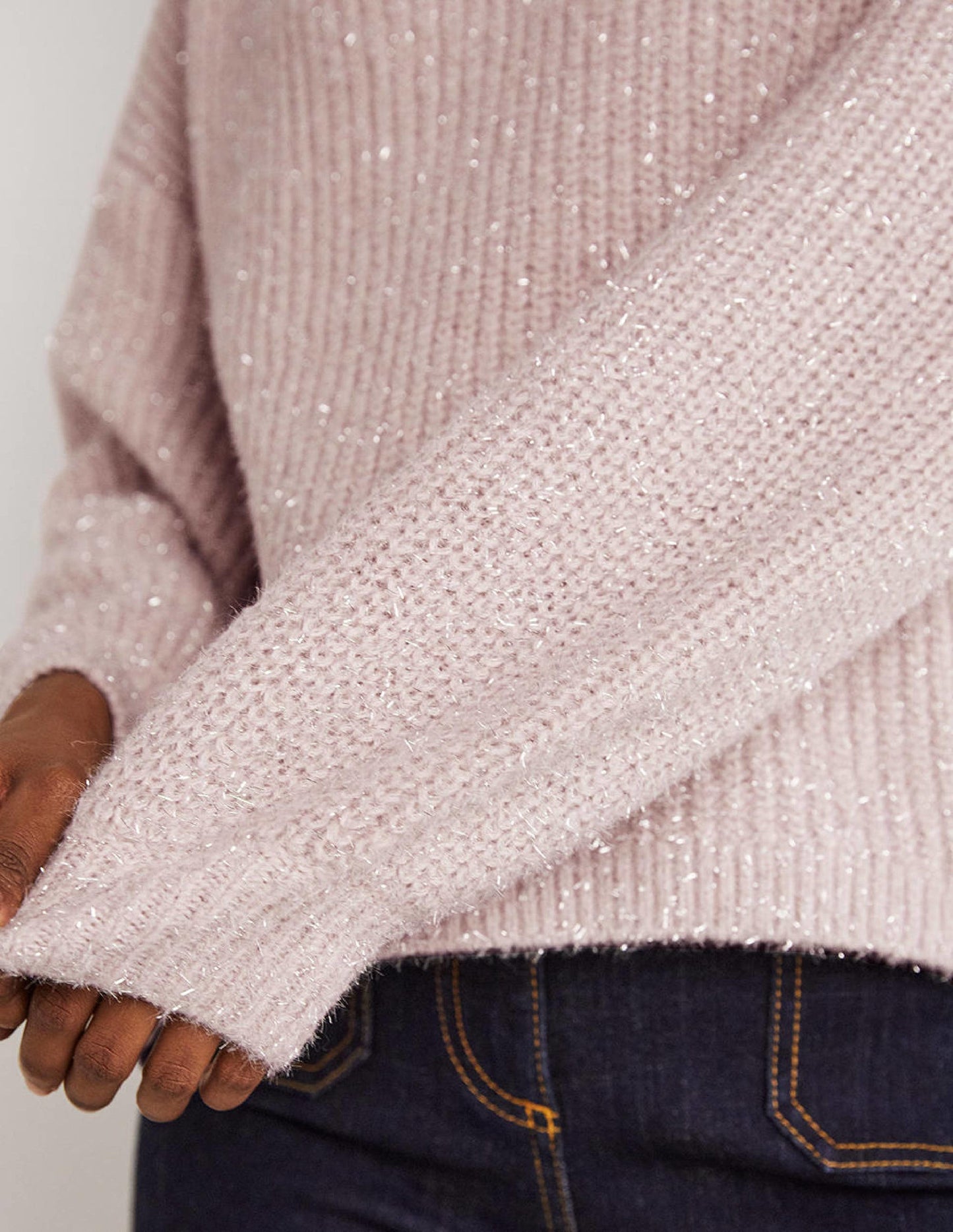 Flauschiger Grobstrick-Pullover mit V-Ausschnitt-Cameo-Rosa, Glitzer