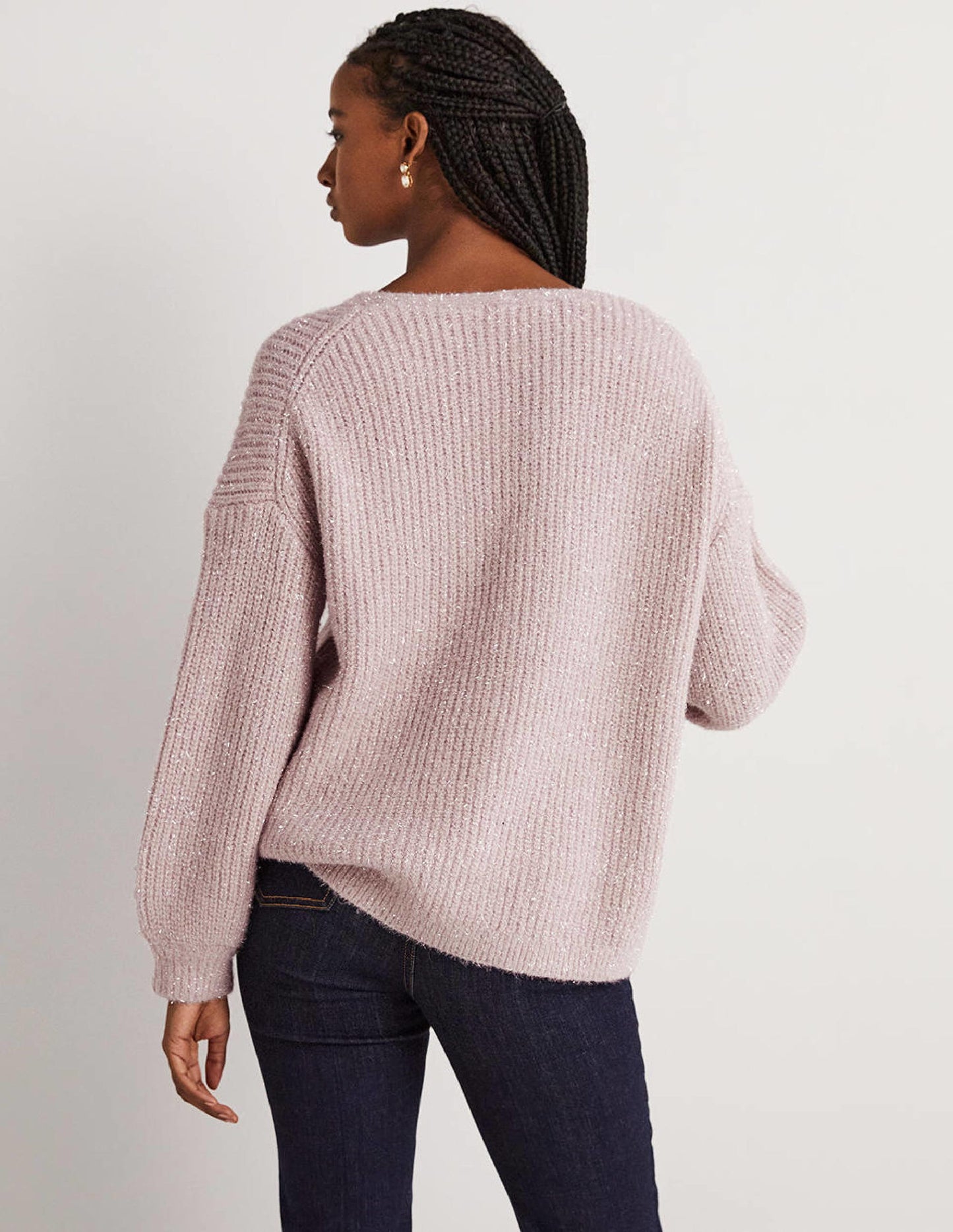 Flauschiger Grobstrick-Pullover mit V-Ausschnitt-Cameo-Rosa, Glitzer