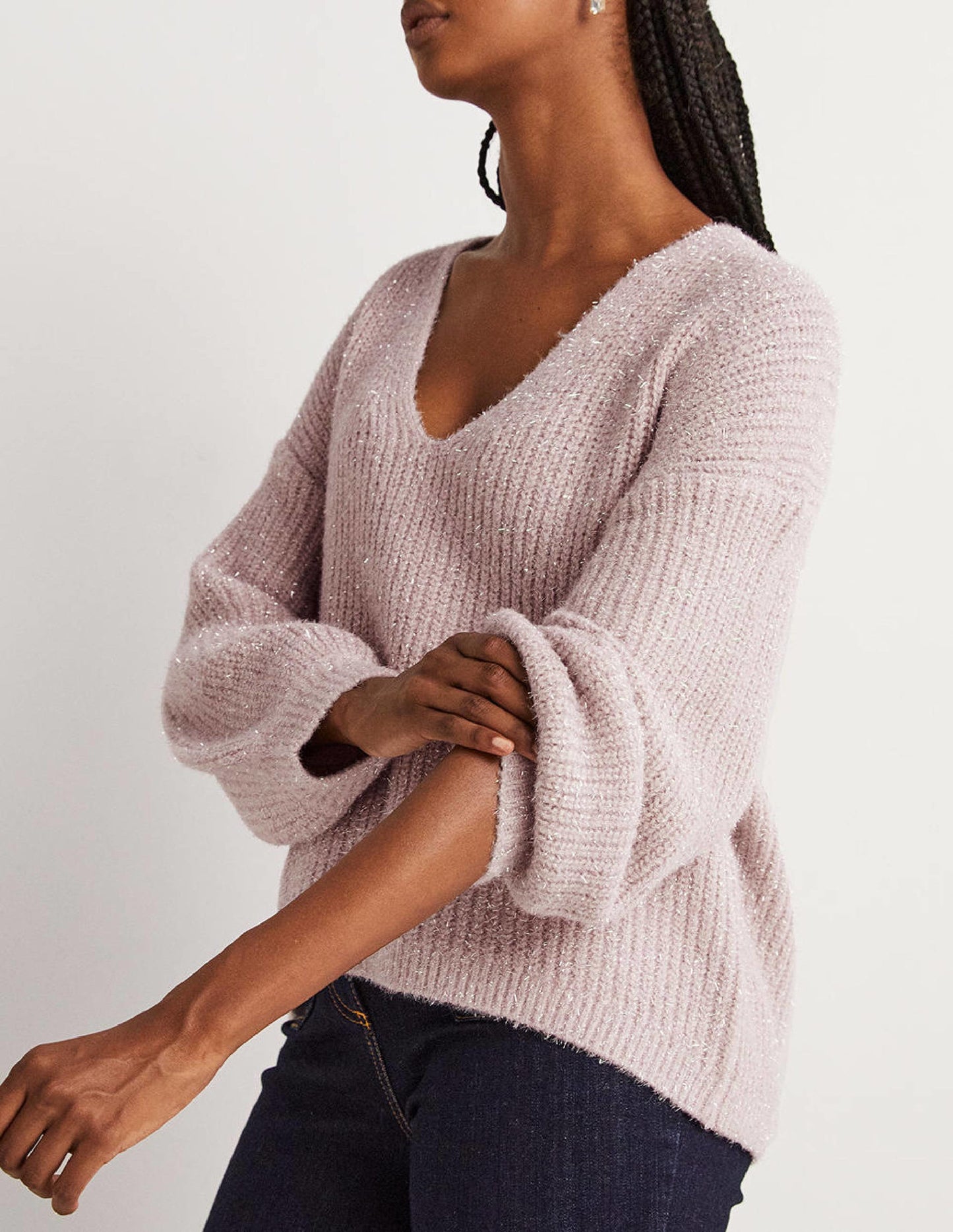 Flauschiger Grobstrick-Pullover mit V-Ausschnitt-Cameo-Rosa, Glitzer