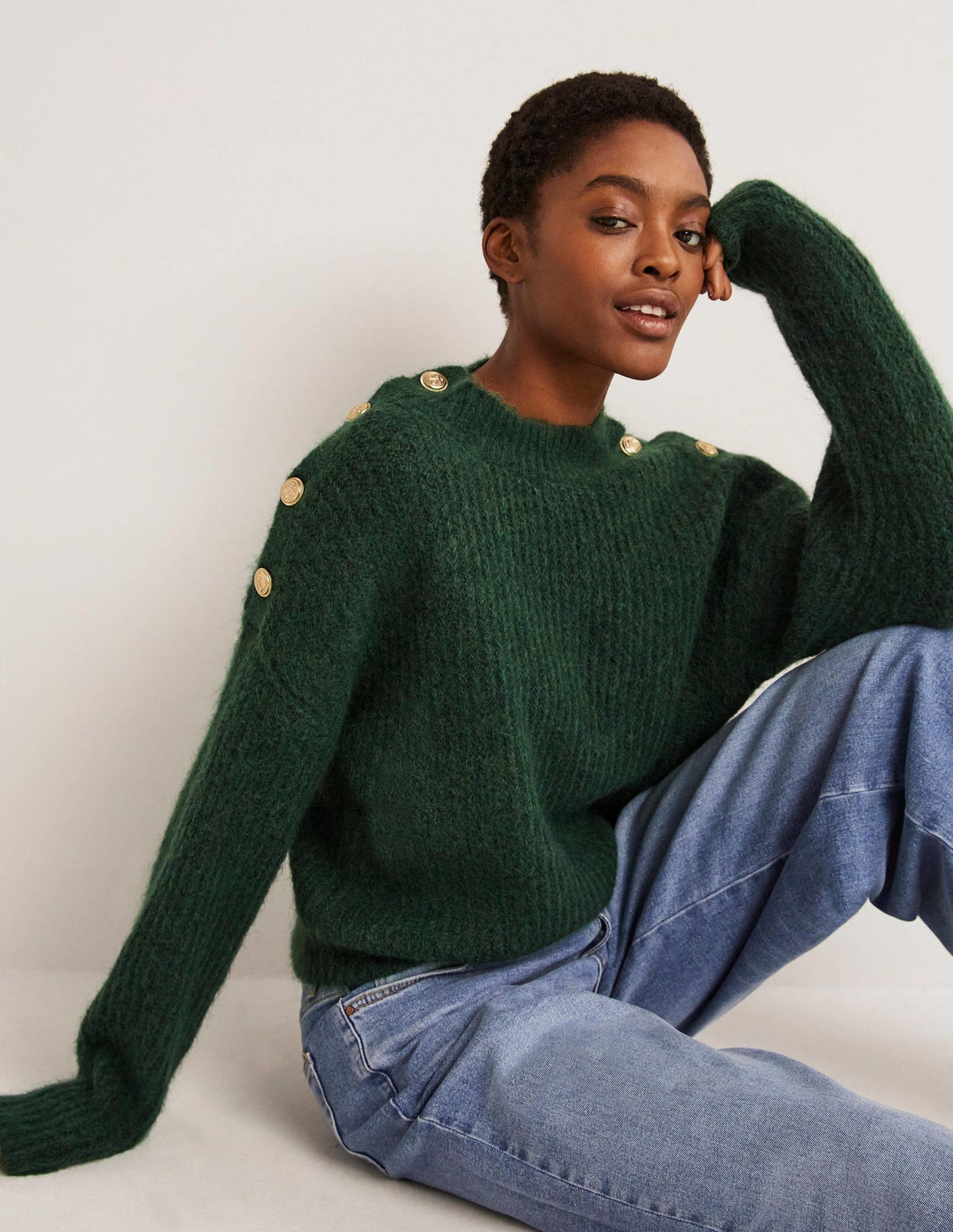 Rippstrickpullover mit Knöpfen an der Schulter-Jägergrün
