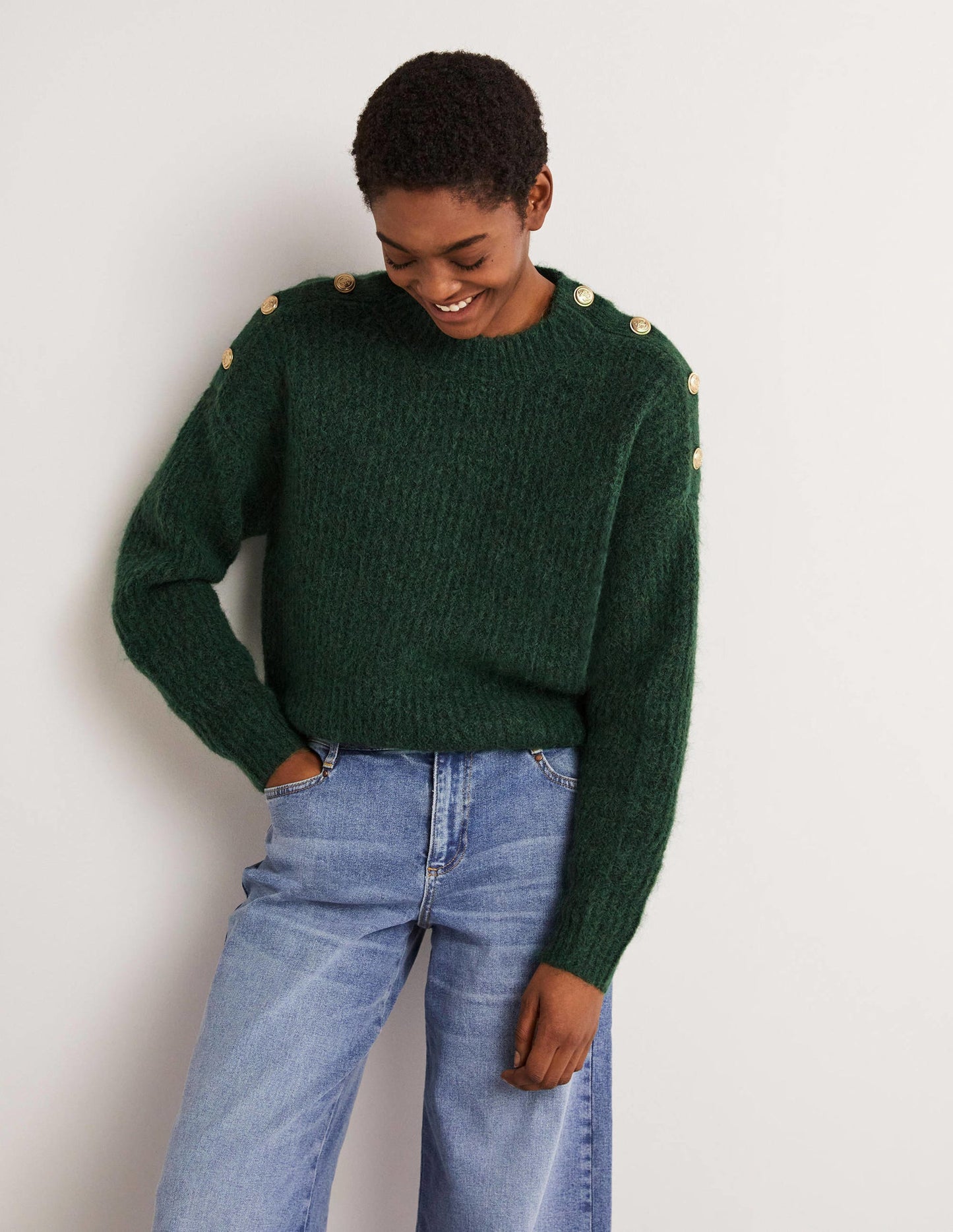 Rippstrickpullover mit Knöpfen an der Schulter-Jägergrün