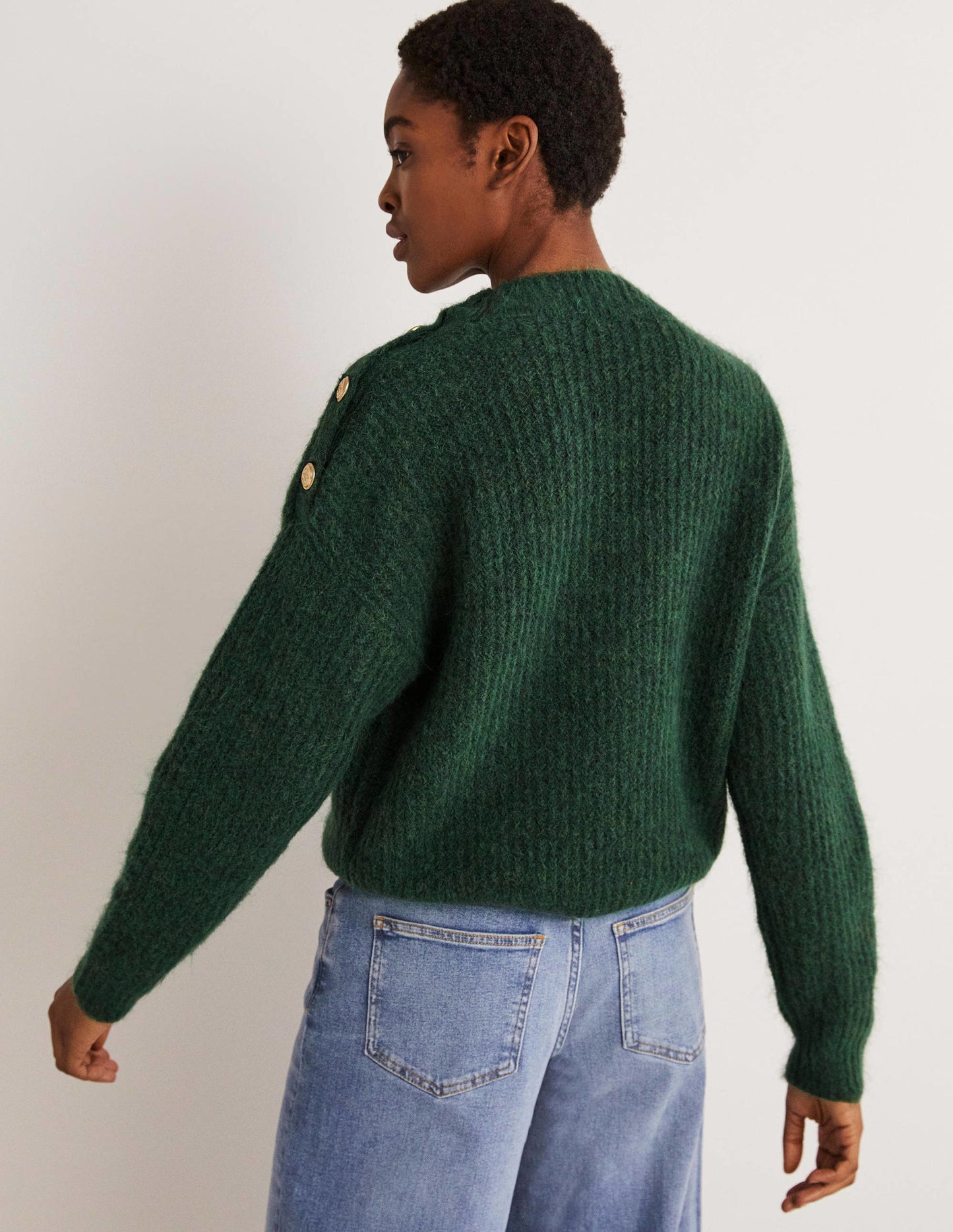 Rippstrickpullover mit Knöpfen an der Schulter-Jägergrün