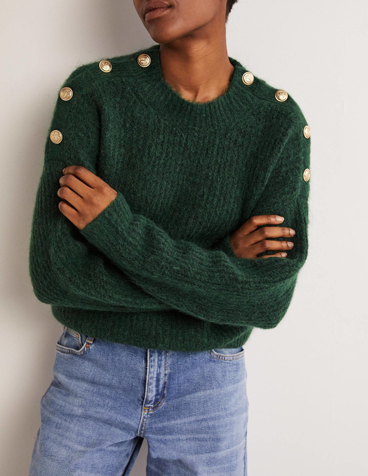 Rippstrickpullover mit Knöpfen an der Schulter-Jägergrün