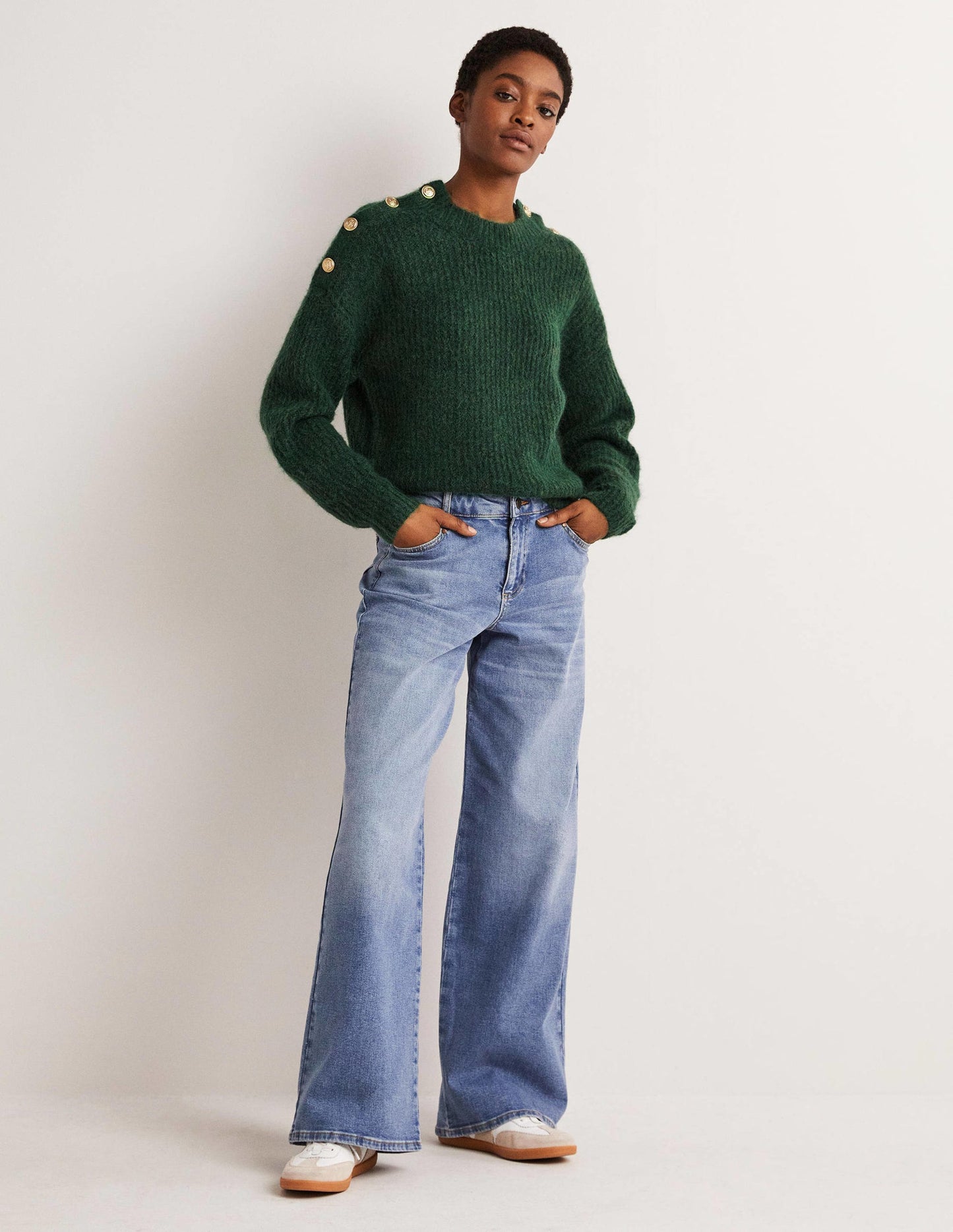 Rippstrickpullover mit Knöpfen an der Schulter-Jägergrün