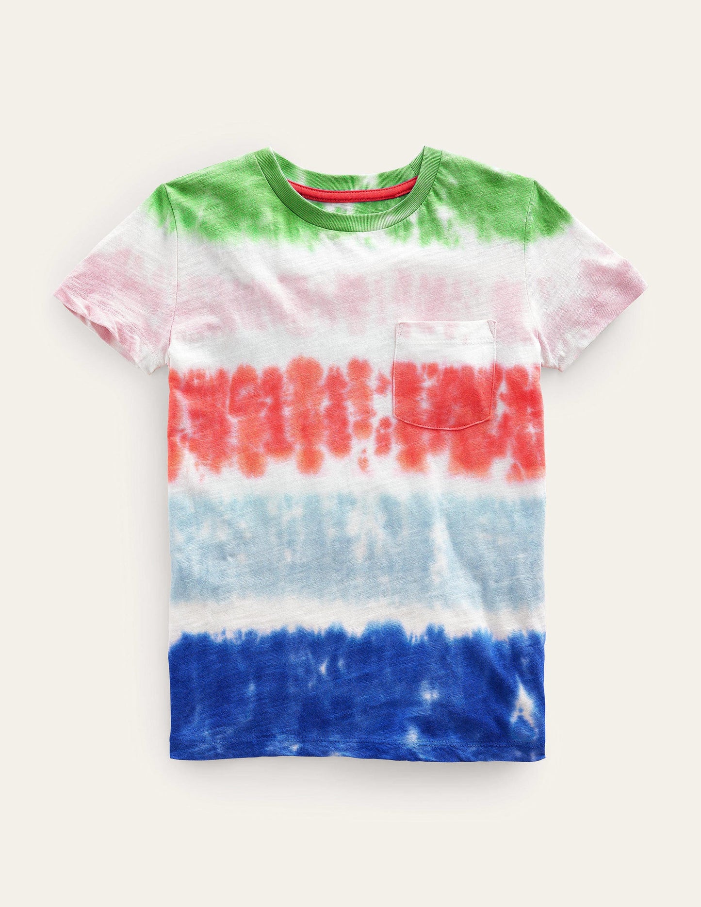 Gemustertes, vorgewaschenes T-Shirt aus Flammgarn-Marmeladenrot/Penzance-Blau/Safarigrün