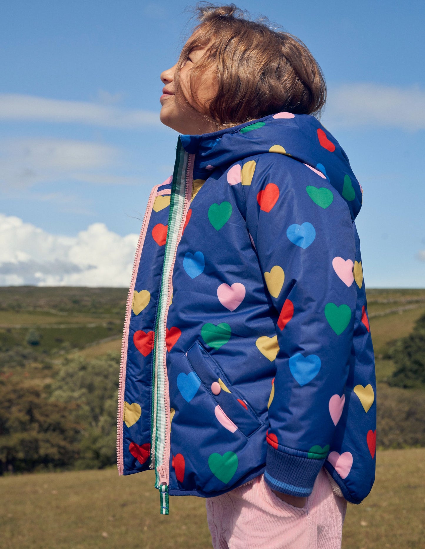Printed Sherpa Lined Anorak-Navy Hearts