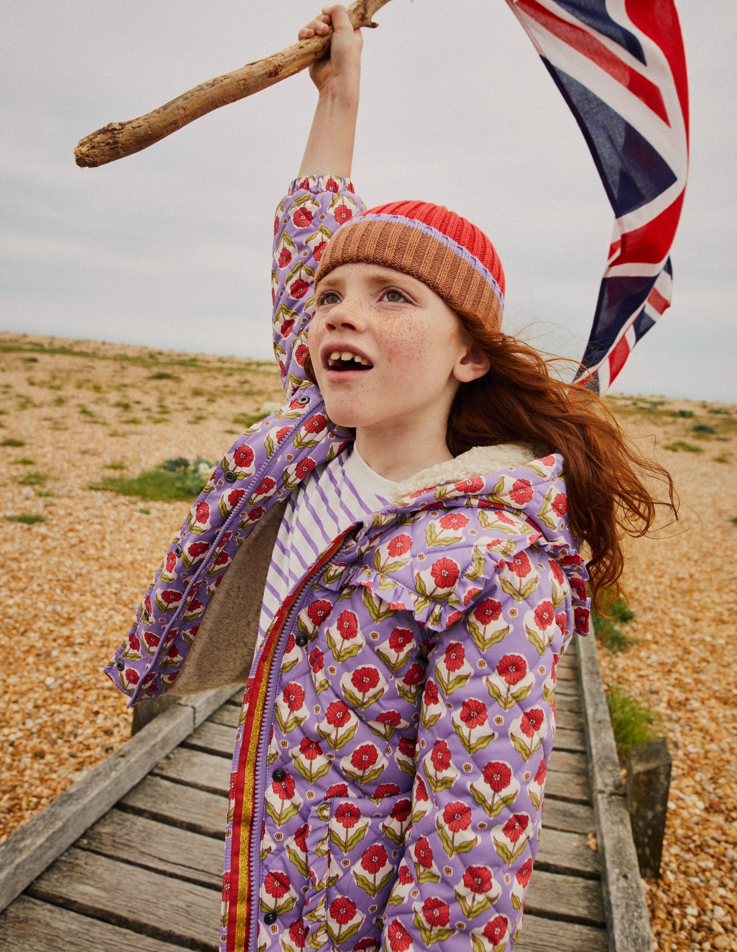 Anorak mit Muschelsteppung-Aster Lila Holzschnitt Blume