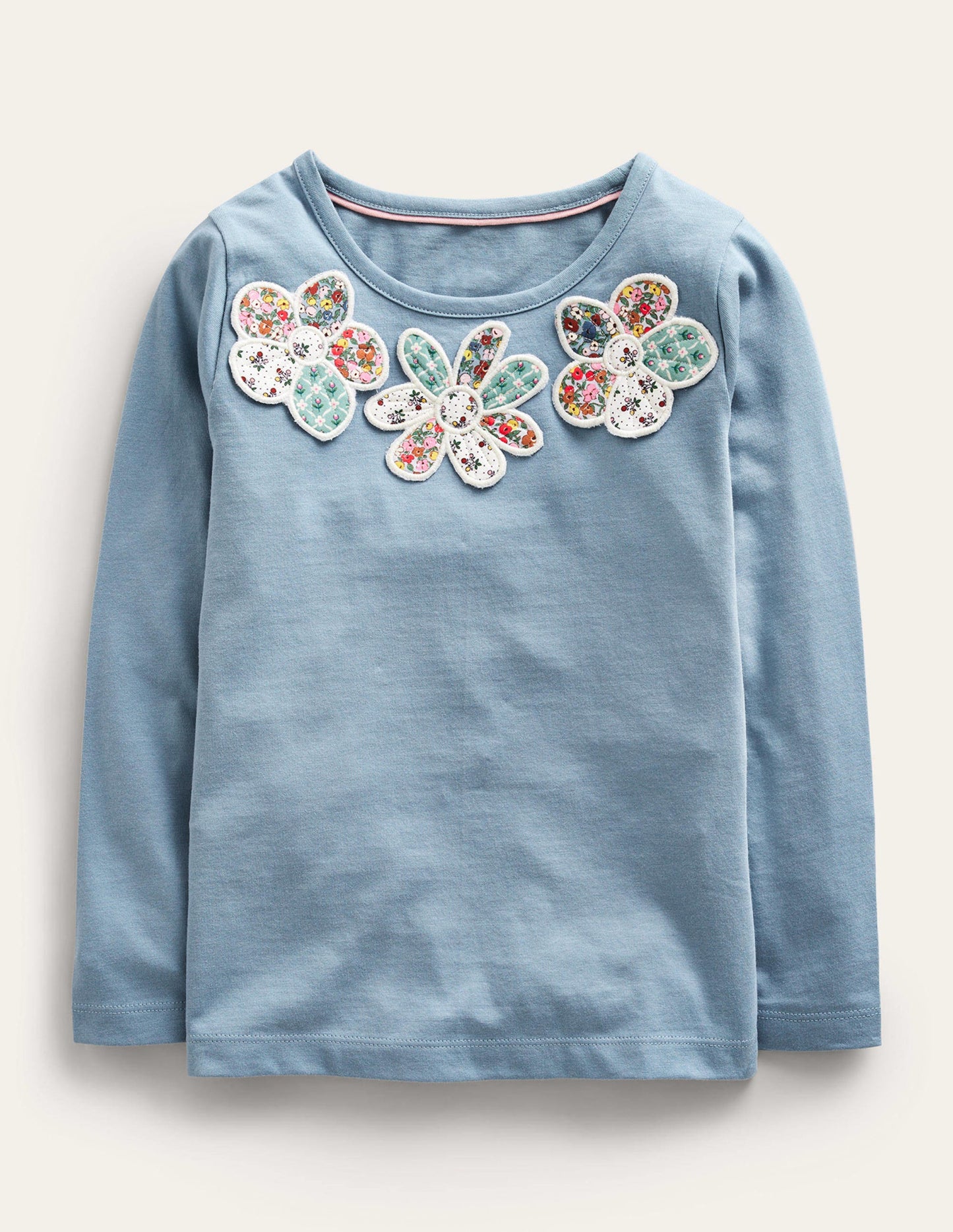 T-Shirt mit 3D-Applikation-Kiesblau Blumen