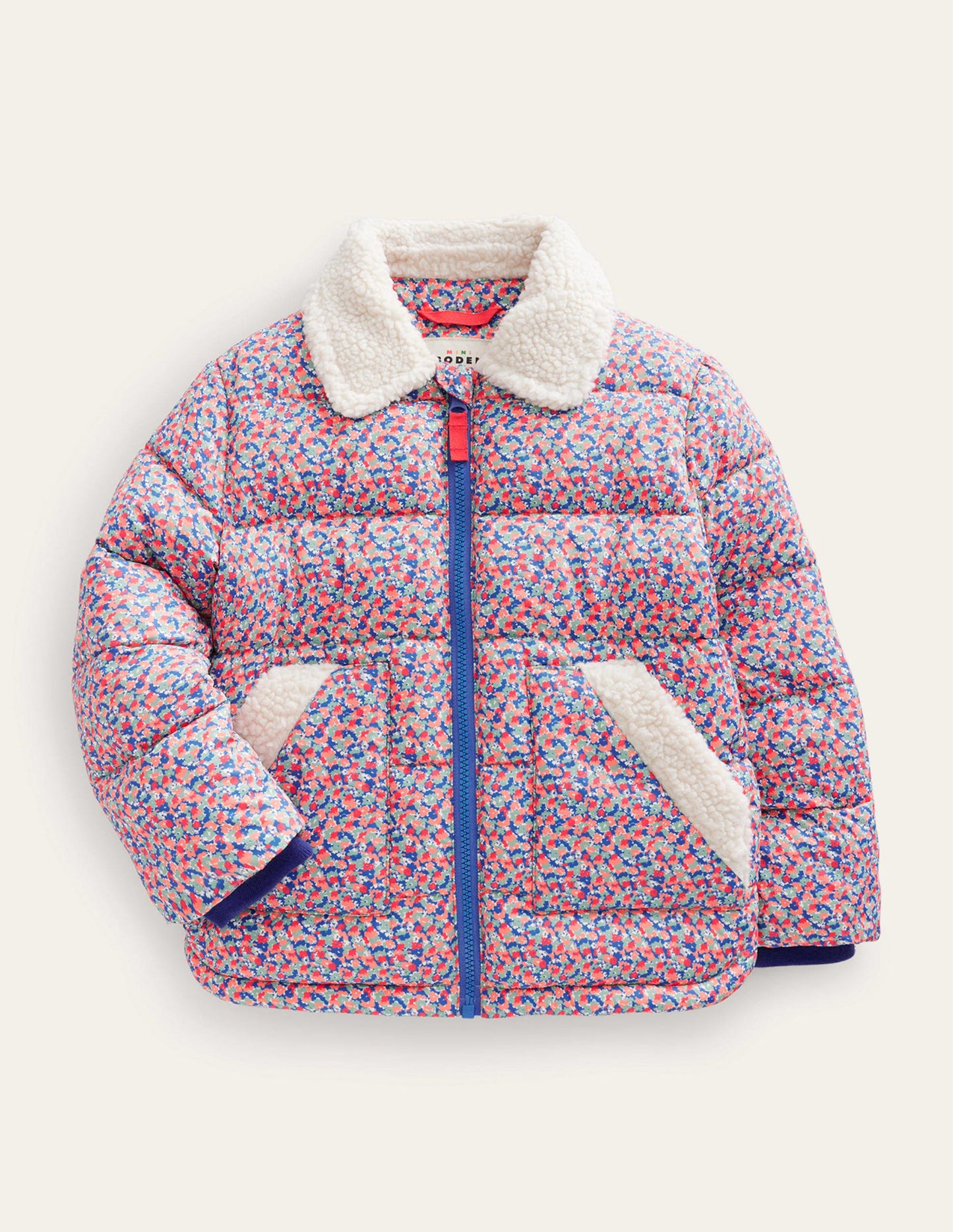Doudoune à détails en borg-Motif floral micro rouge confiture