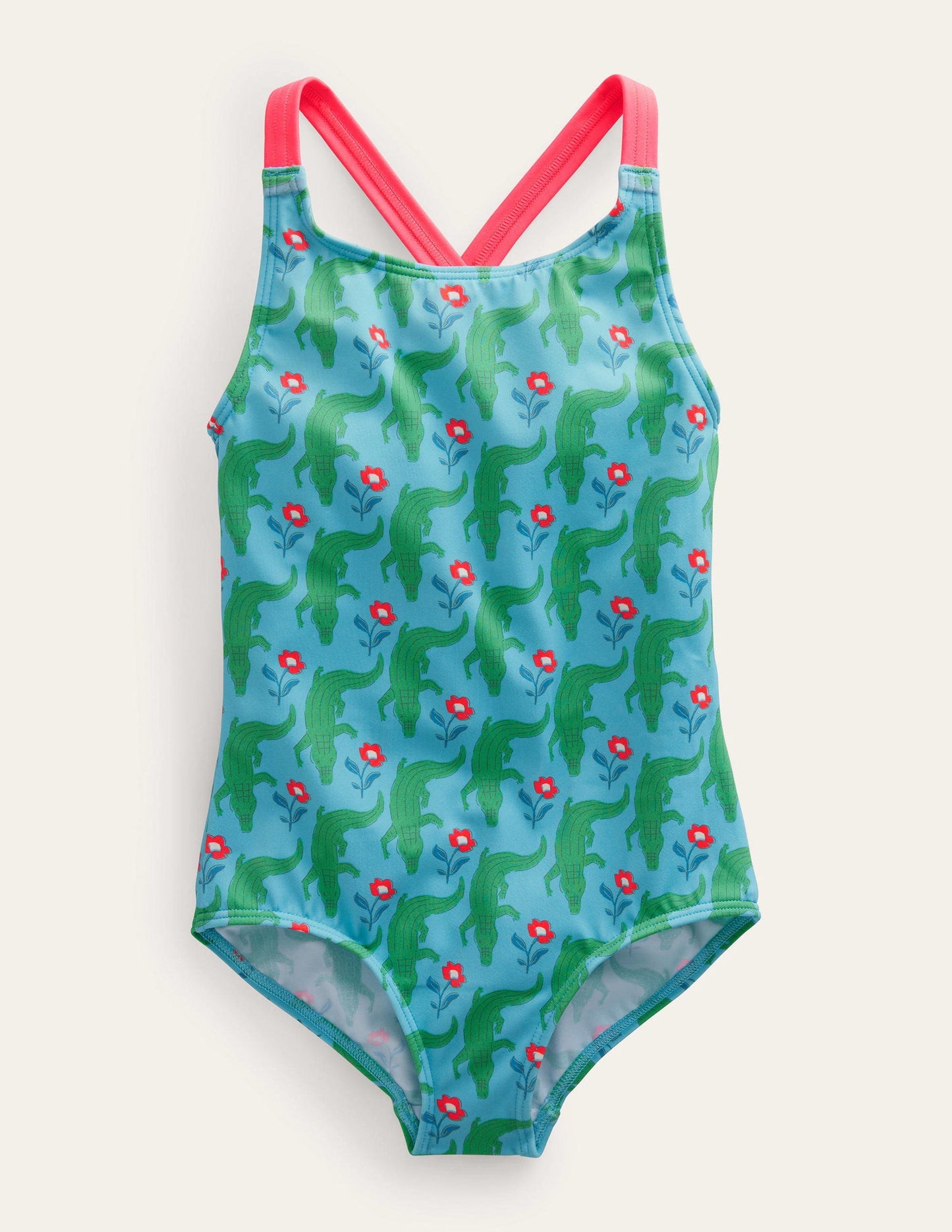 Maillot de bain imprimé croisé dans le dos-Aigue-marine, motif Crocodile Woodblock