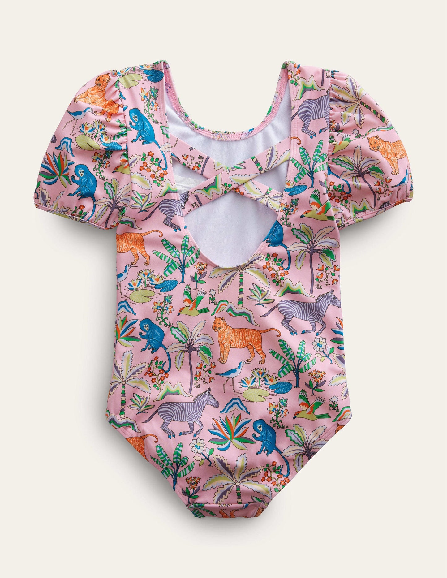 Maillot de bain imprimé à manches bouffantes-Motif Tropical Garden rose camée