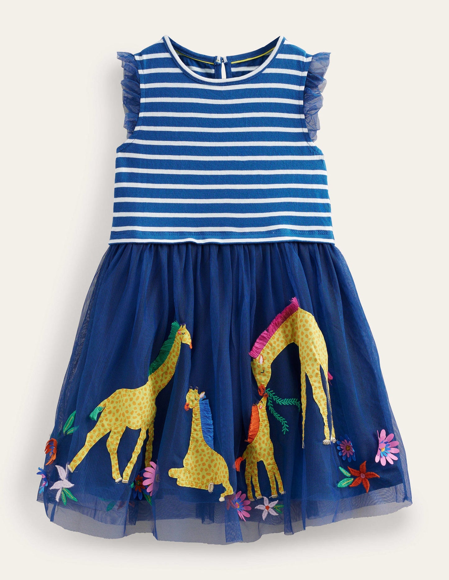 Appliziertes Kleid mit Tüll-Saphirblau/Vanille, Gestreift