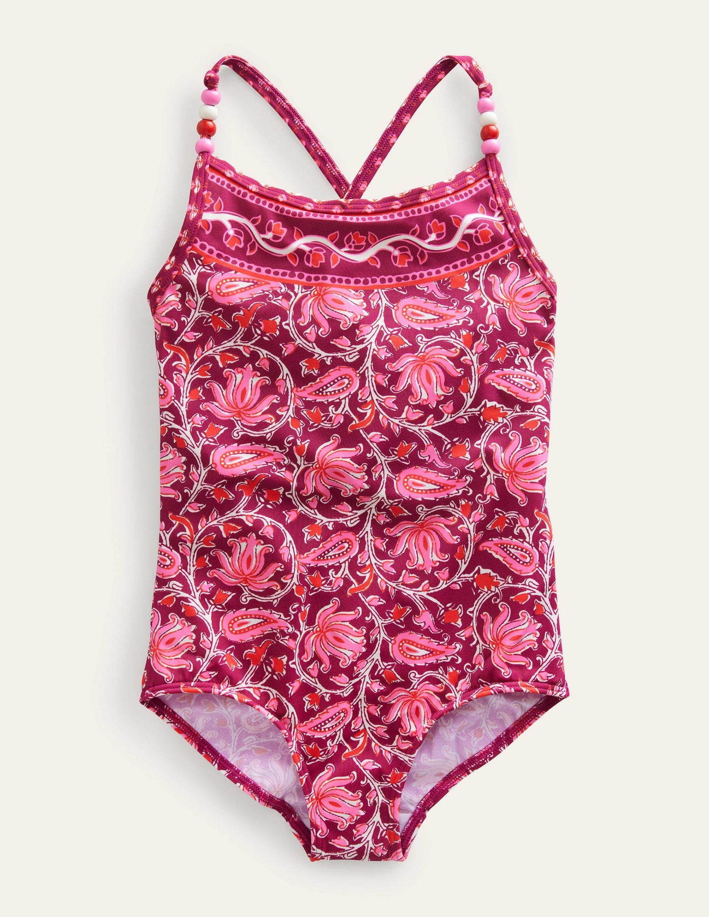 Badeanzug mit Perlen-Strahlendes Beerenrot, Paisleymuster