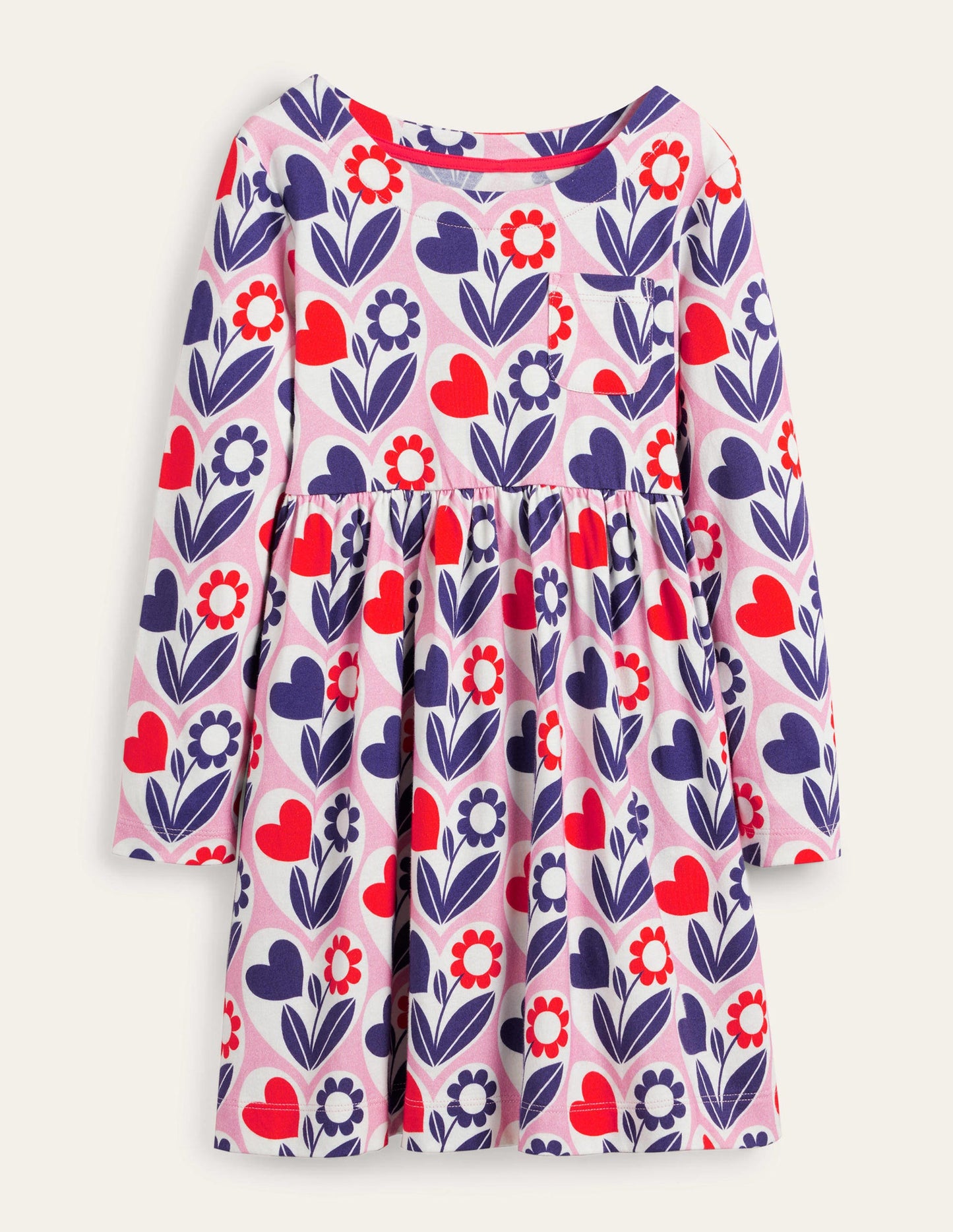 Fröhliches Jerseykleid mit langen Ärmeln-Hellrosa, Blumen-Herzen