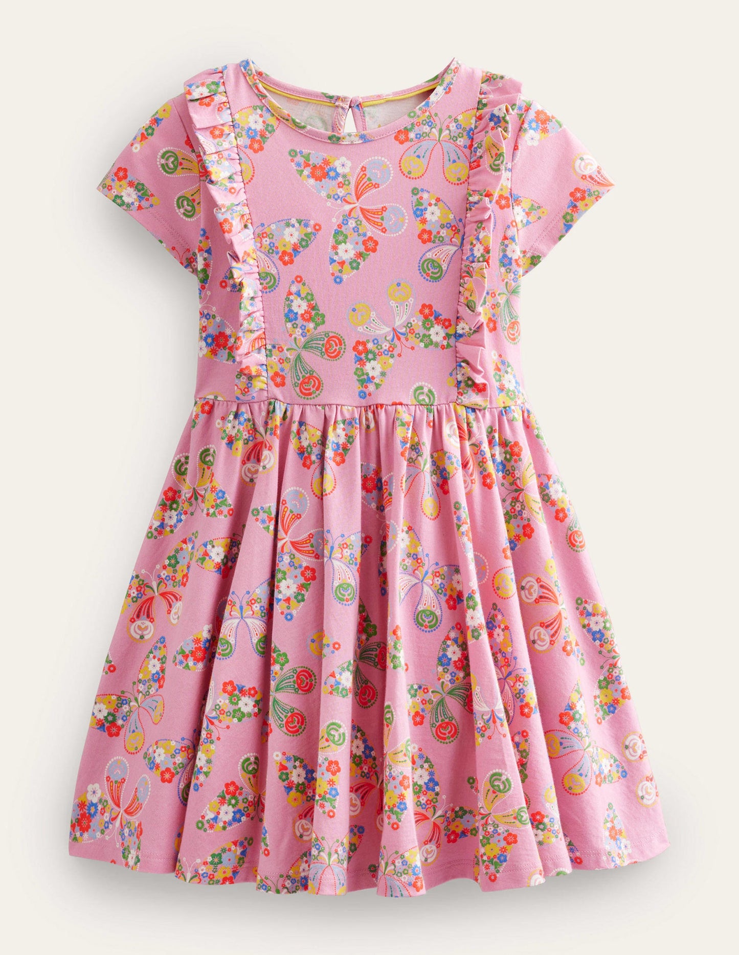 Ausgestelltes Kleid mit Rüschen-Kirschblütenrosa, Schmetterlinge