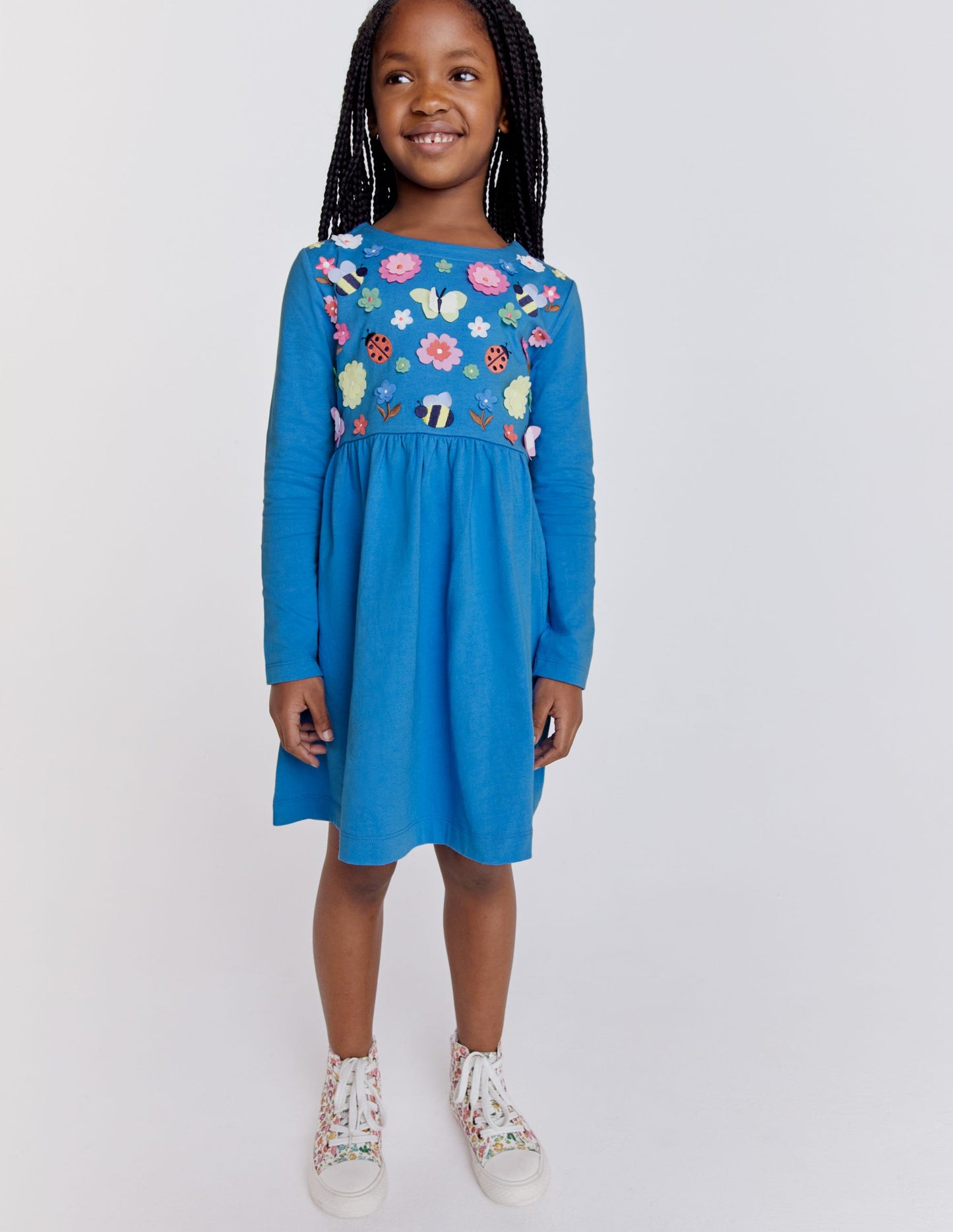 Jerseykleid mit Flatterdetail-Penzance-Blau, Blumenmuster