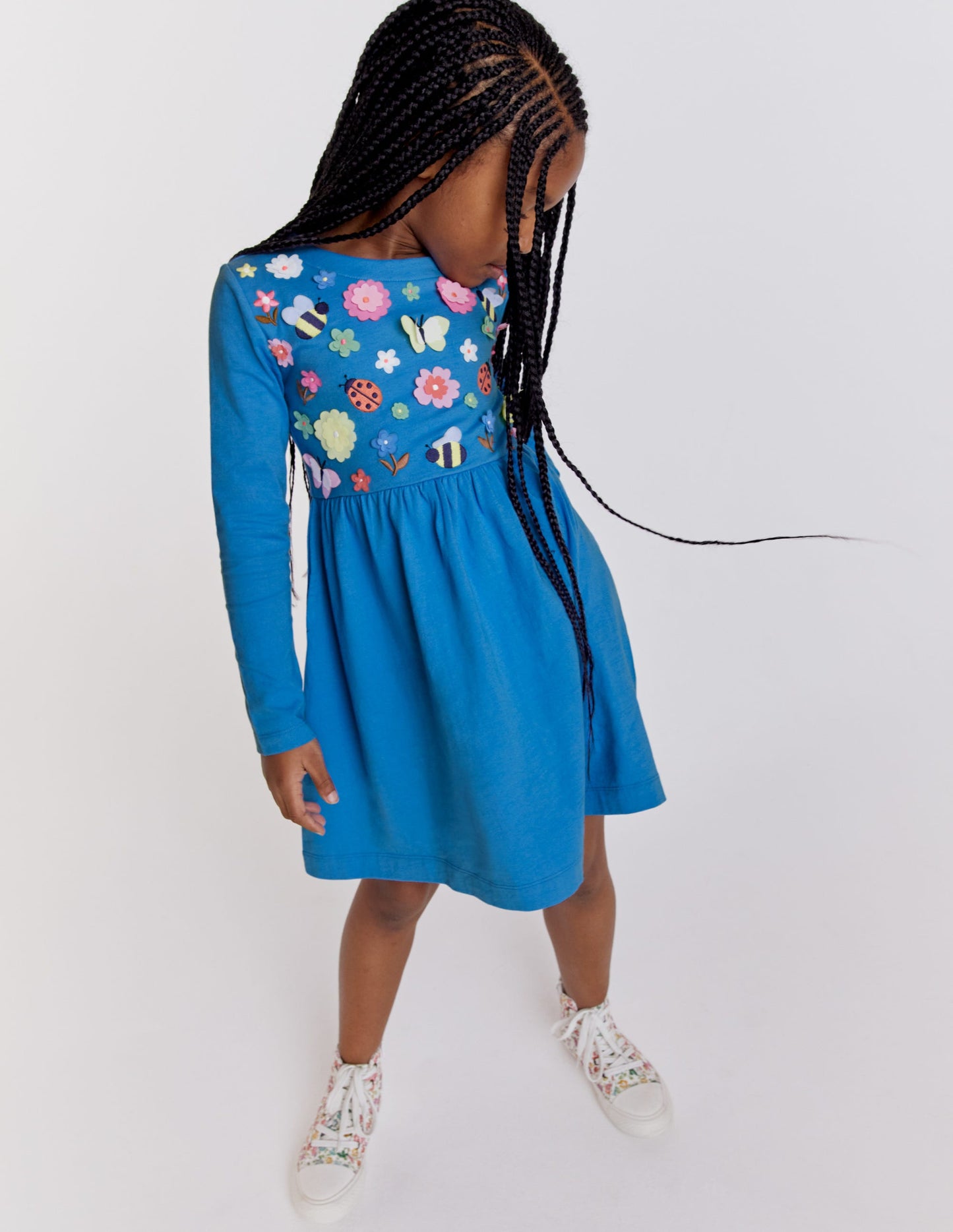 Jerseykleid mit Flatterdetail-Penzance-Blau, Blumenmuster