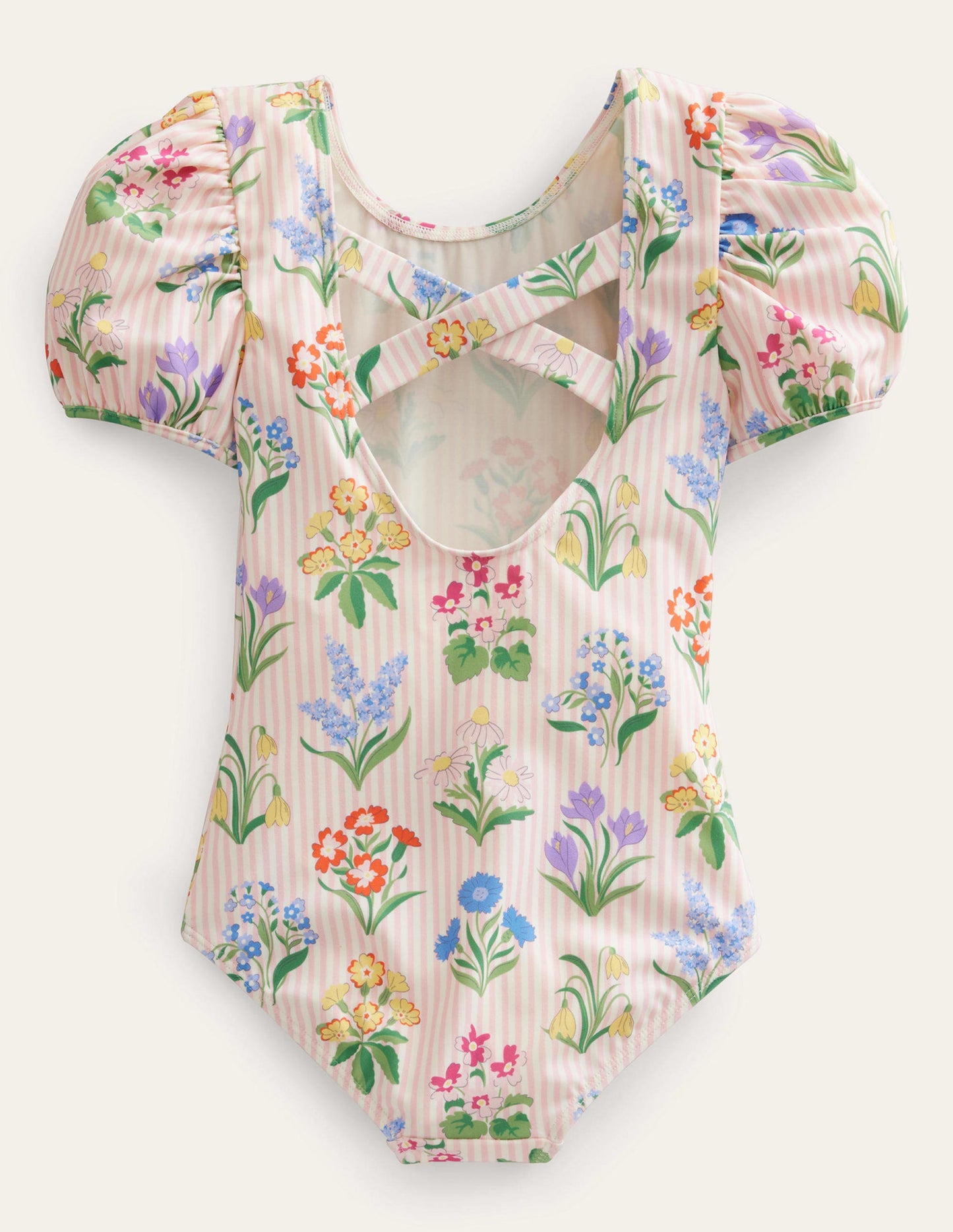 Maillot de bain imprimé à manches bouffantes-Fleur coutil rose